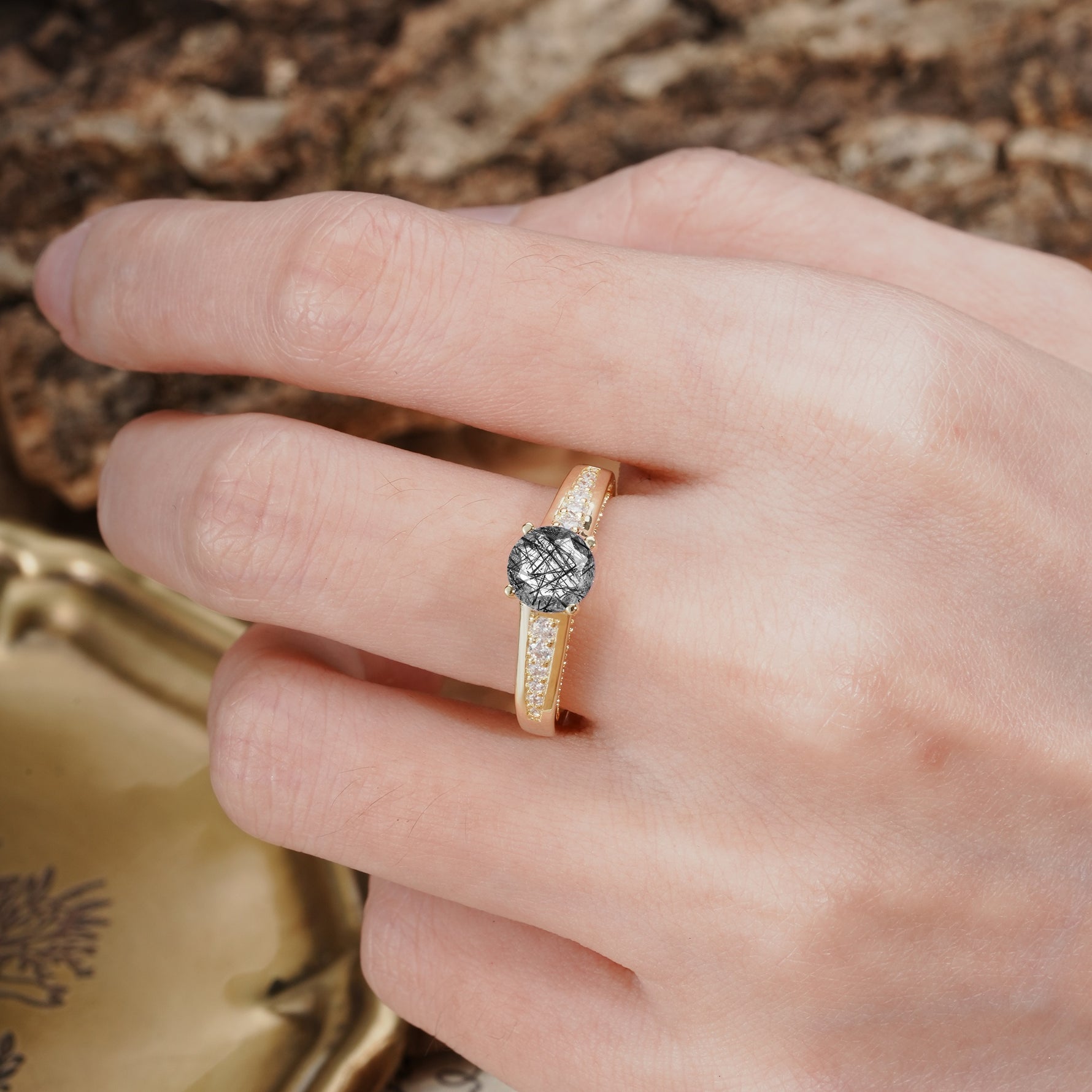 Retro-Minimalist 4-Prong Round Cut Black Rutilated Quartz Engagement Ring - Additional view