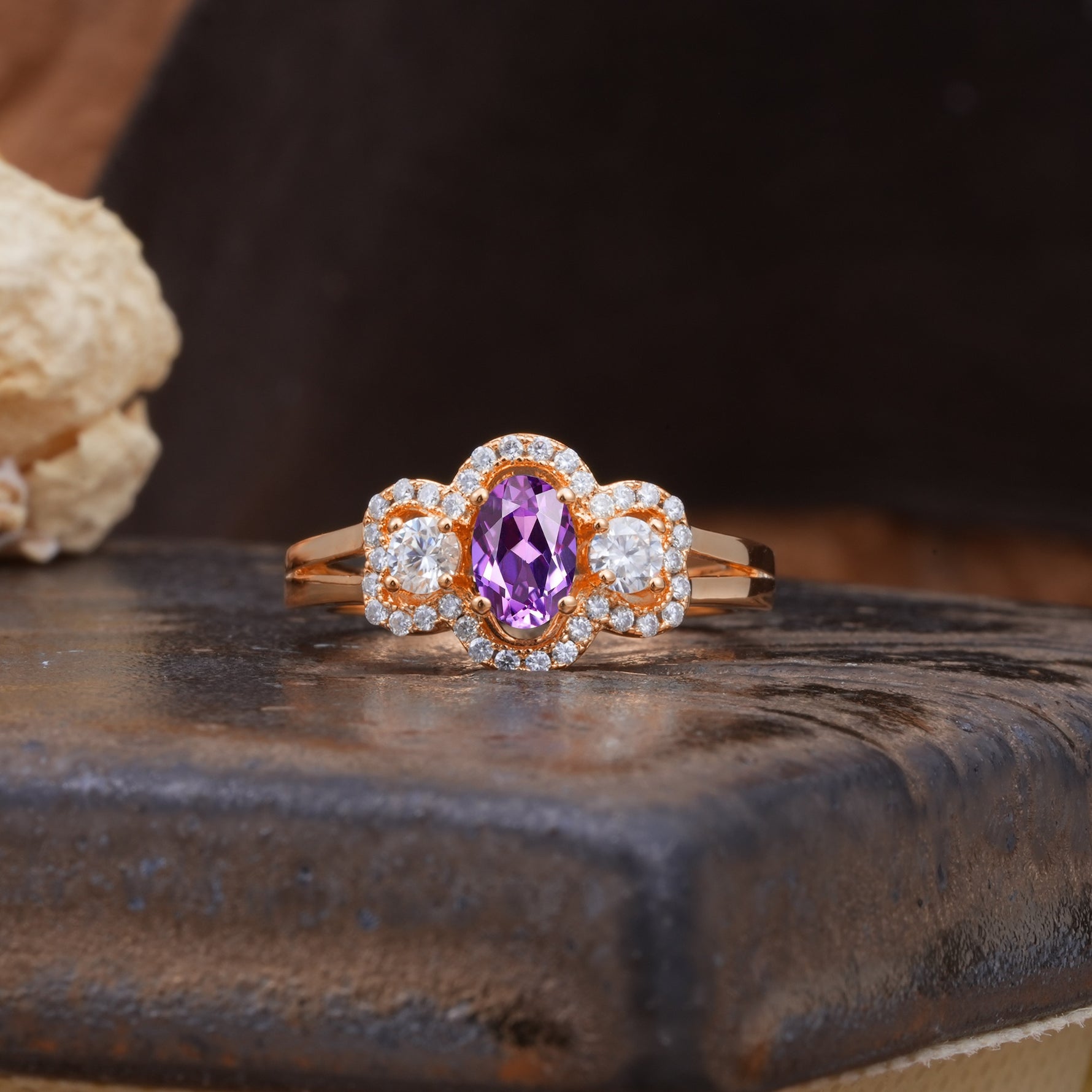 Vintage Milgrain Beaded Mixed Cut Amethyst Stacking Wedding Band - Additional view