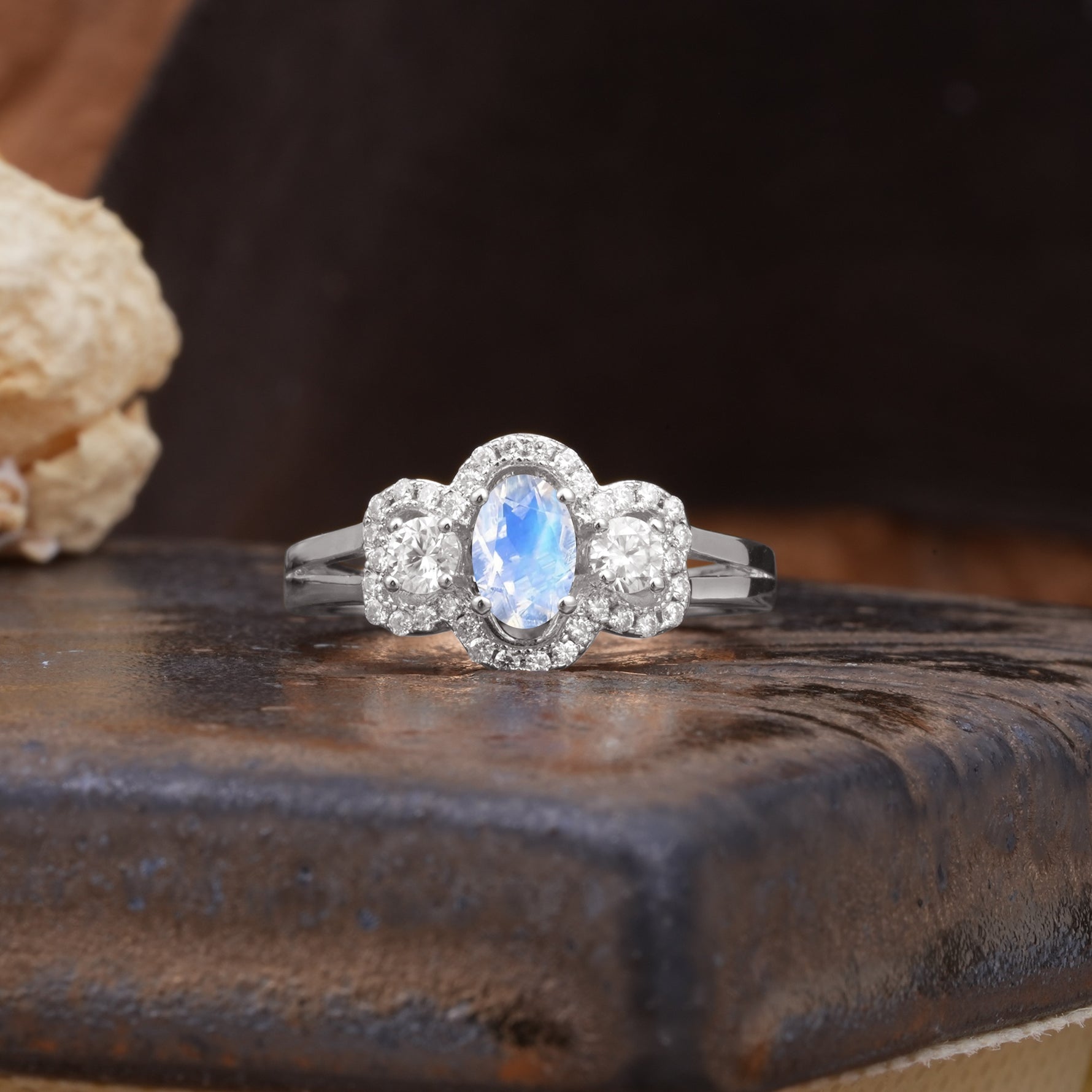 Vintage Milgrain Beaded Mixed Cut Moonstone Stacking Wedding Band - Additional view