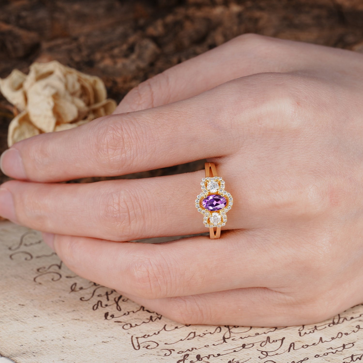 Vintage Milgrain Beaded Mixed Cut Amethyst Stacking Wedding Band - Additional view