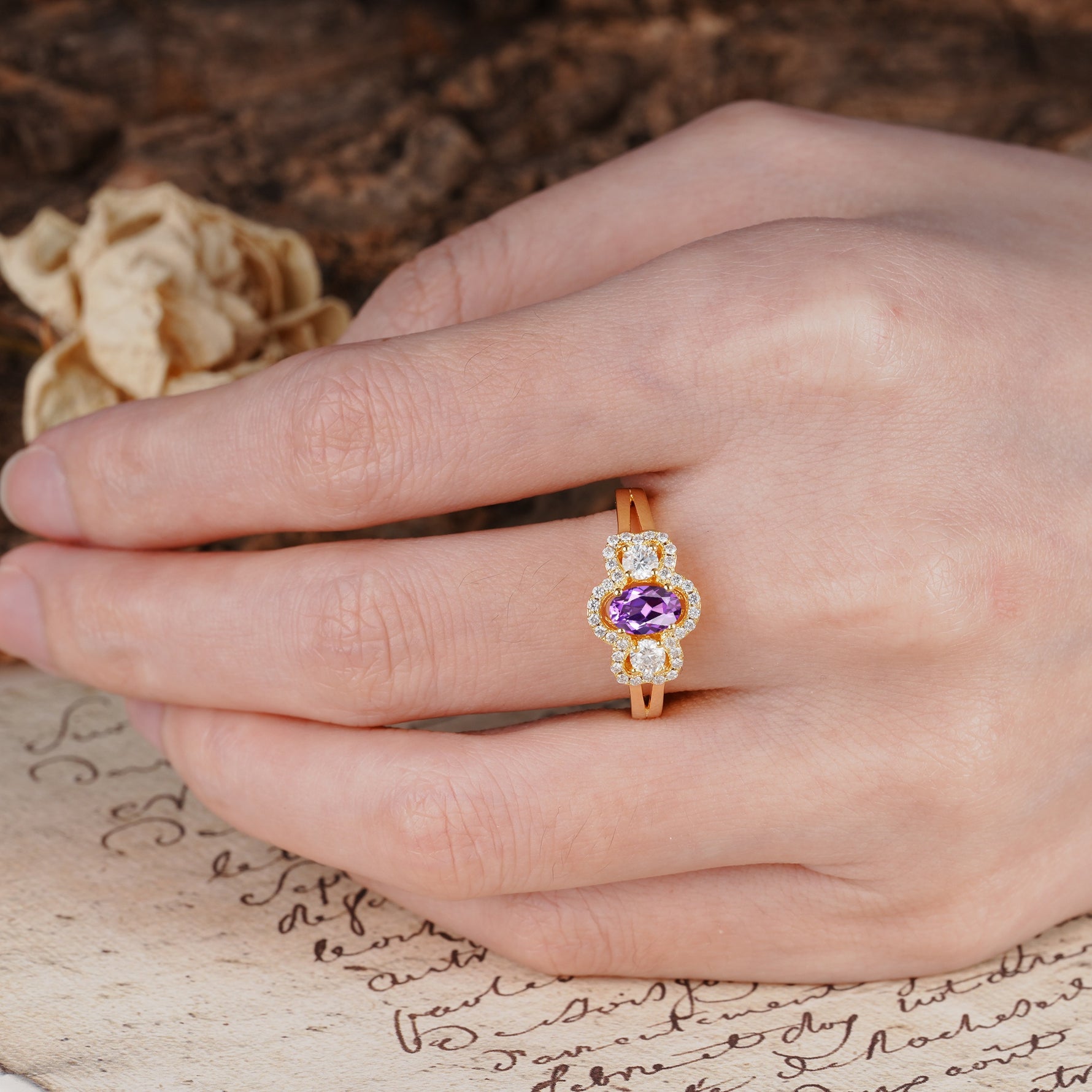 Vintage Milgrain Beaded Mixed Cut Amethyst Stacking Wedding Band - Additional view