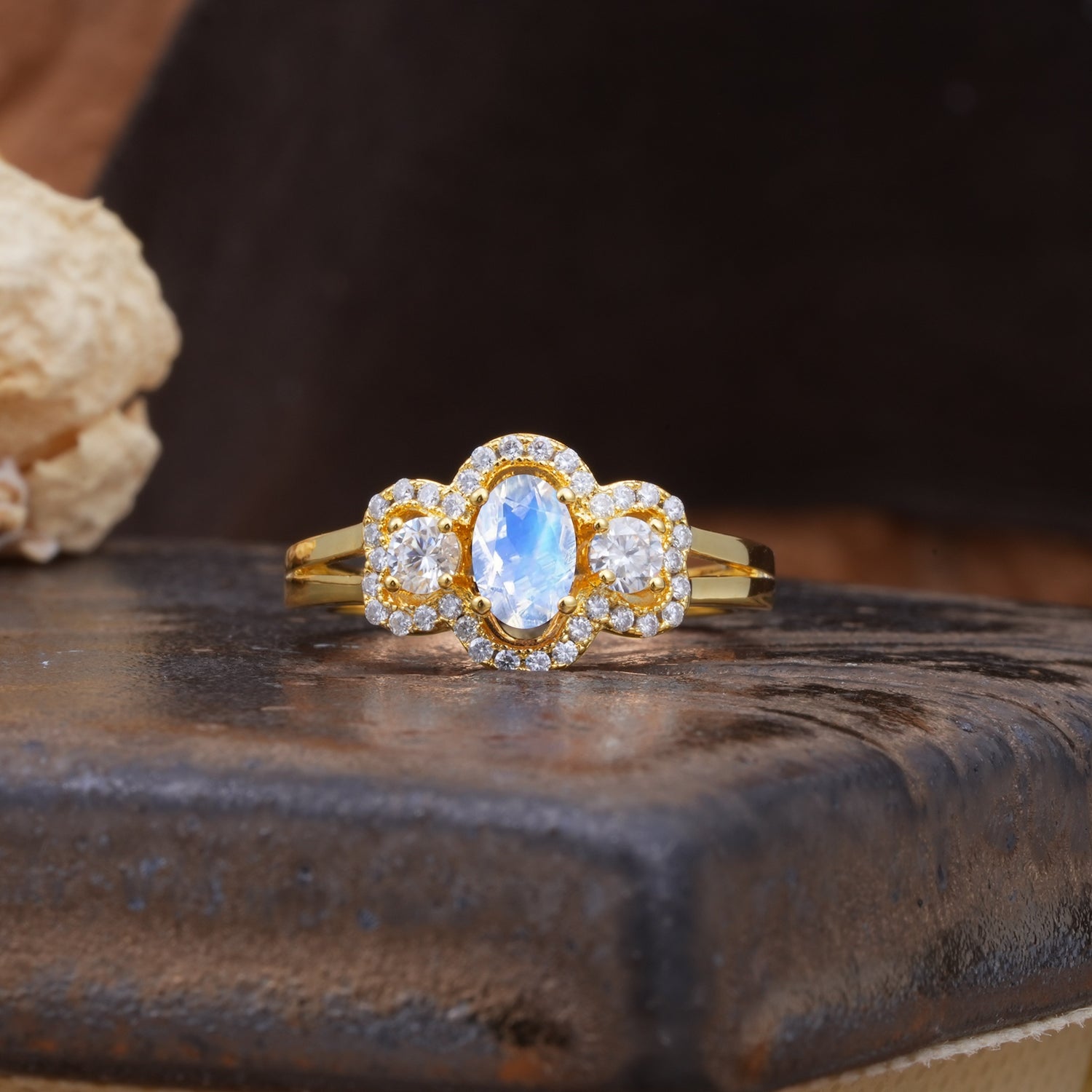 Vintage Milgrain Beaded Mixed Cut Moonstone Stacking Wedding Band - Additional view