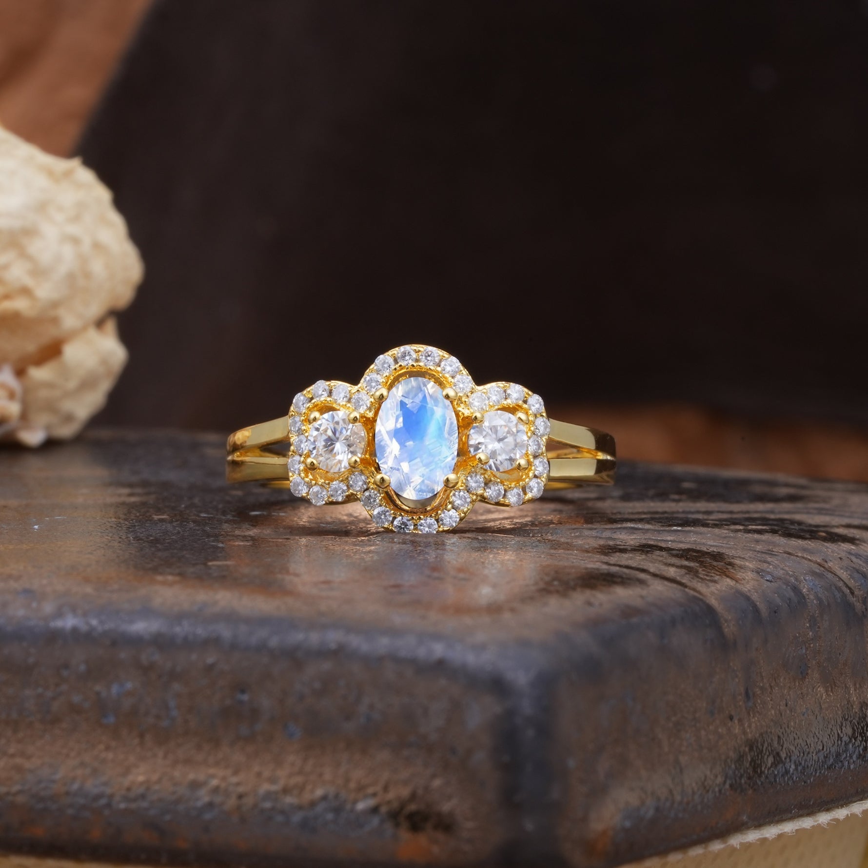 Vintage Milgrain Beaded Mixed Cut Moonstone Stacking Wedding Band - Additional view