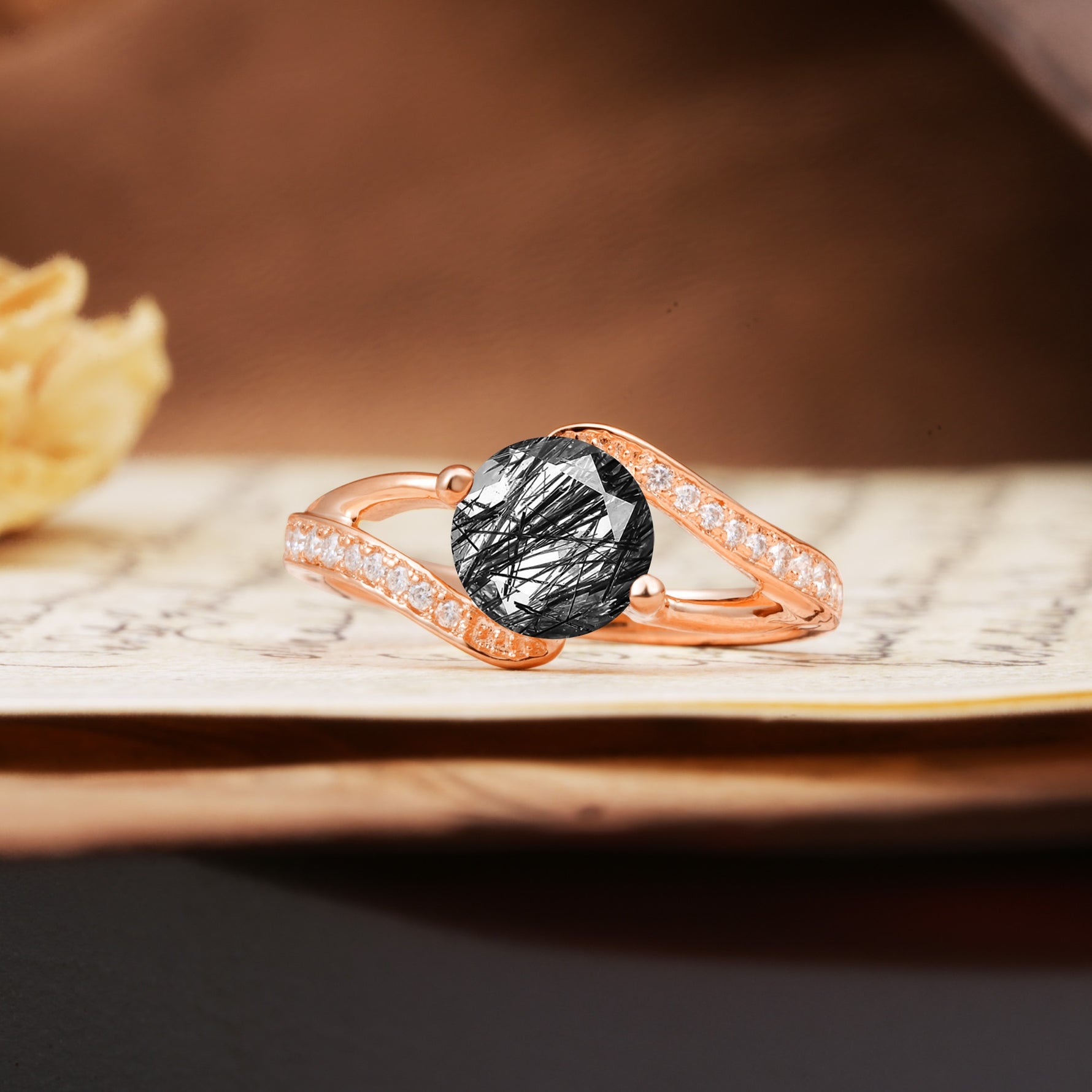 Unique 2 Prong Round Cut Black Rutilated Quartz Engagement Ring - Additional view