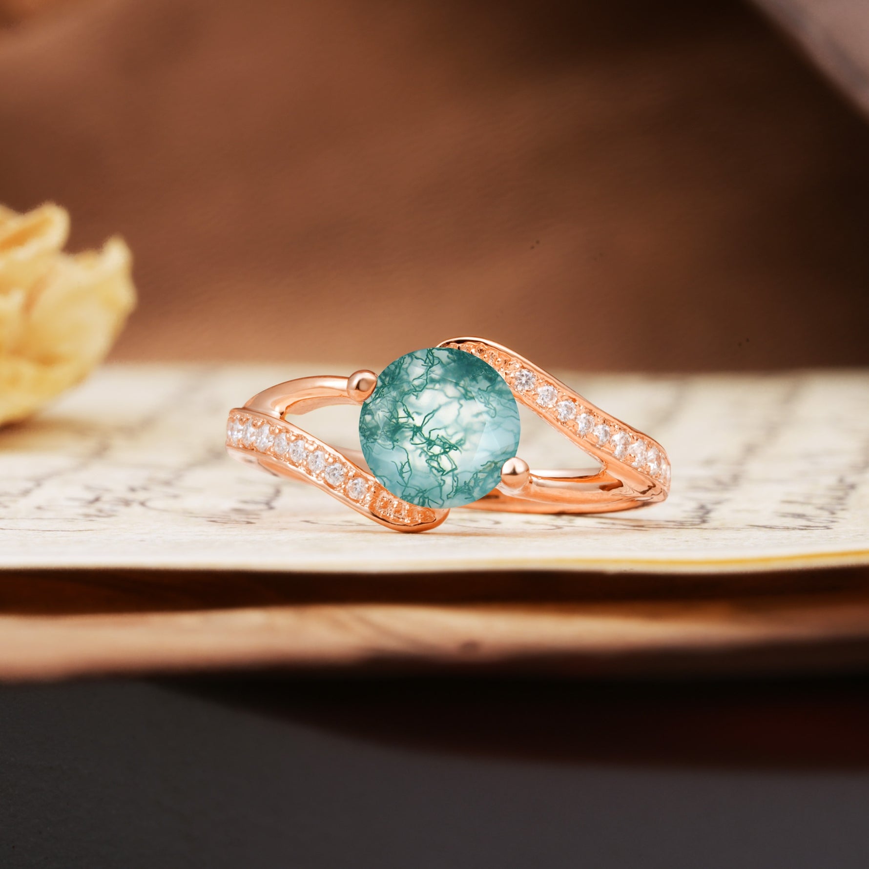 Unique 2 Prong Round Cut Moss Agate Engagement Ring - Additional view