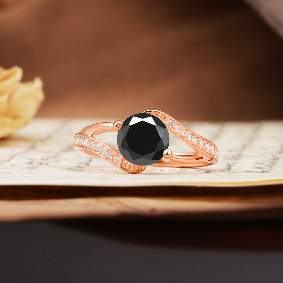 Unique 2 Prong Round Cut Black Onyx Engagement Ring - Additional view