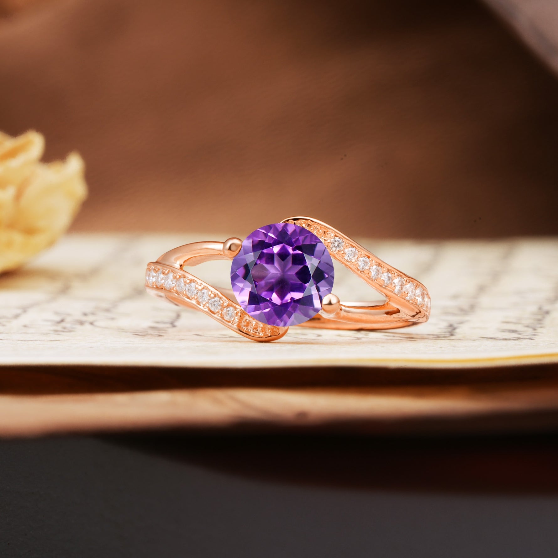 Unique 2 Prong Round Cut Amethyst Engagement Ring - Additional view
