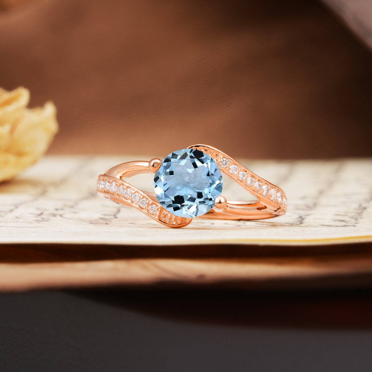 Unique 2 Prong Round Cut Aquamarine Engagement Ring - Additional view