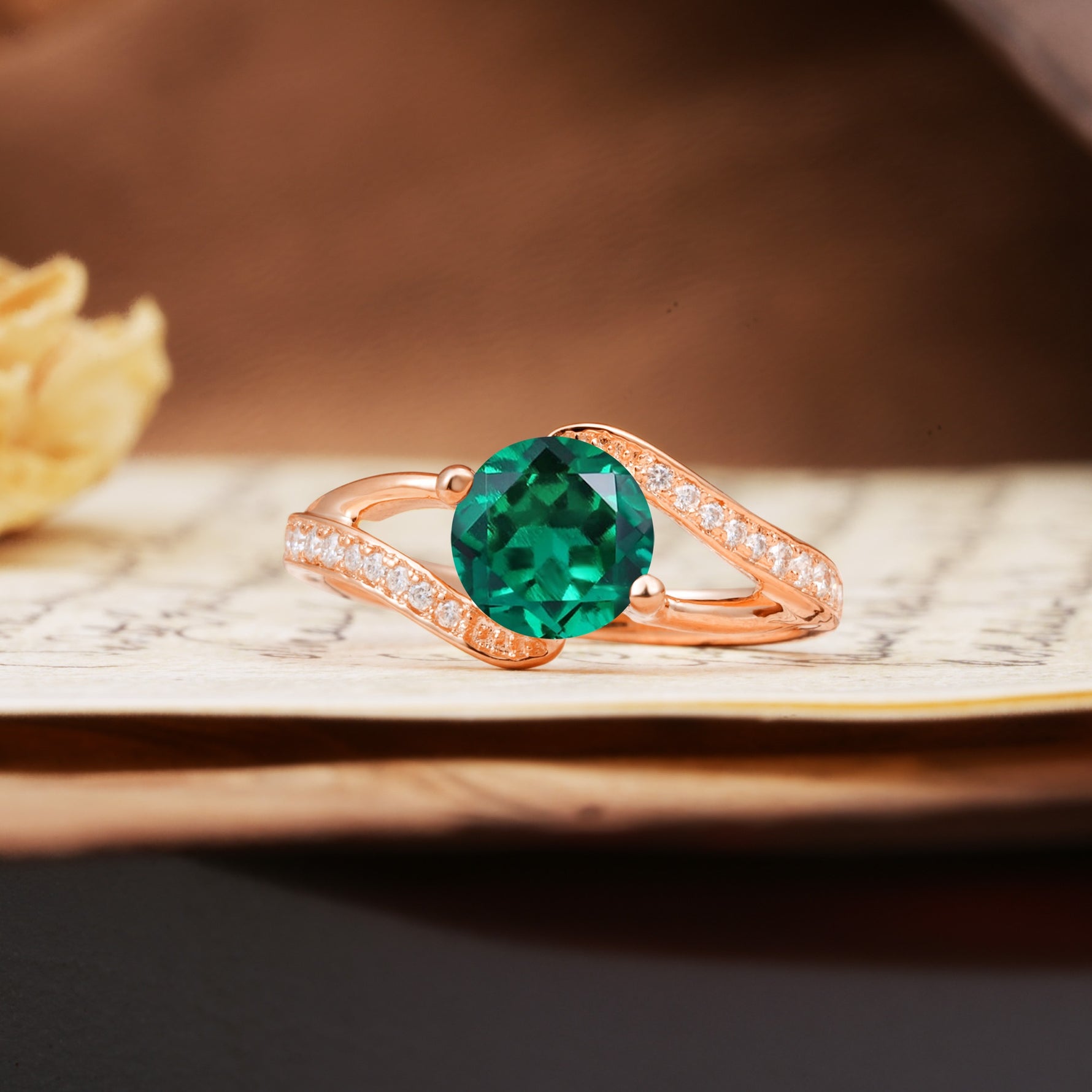 Unique 2 Prong Round Cut Emerald Engagement Ring - Additional view
