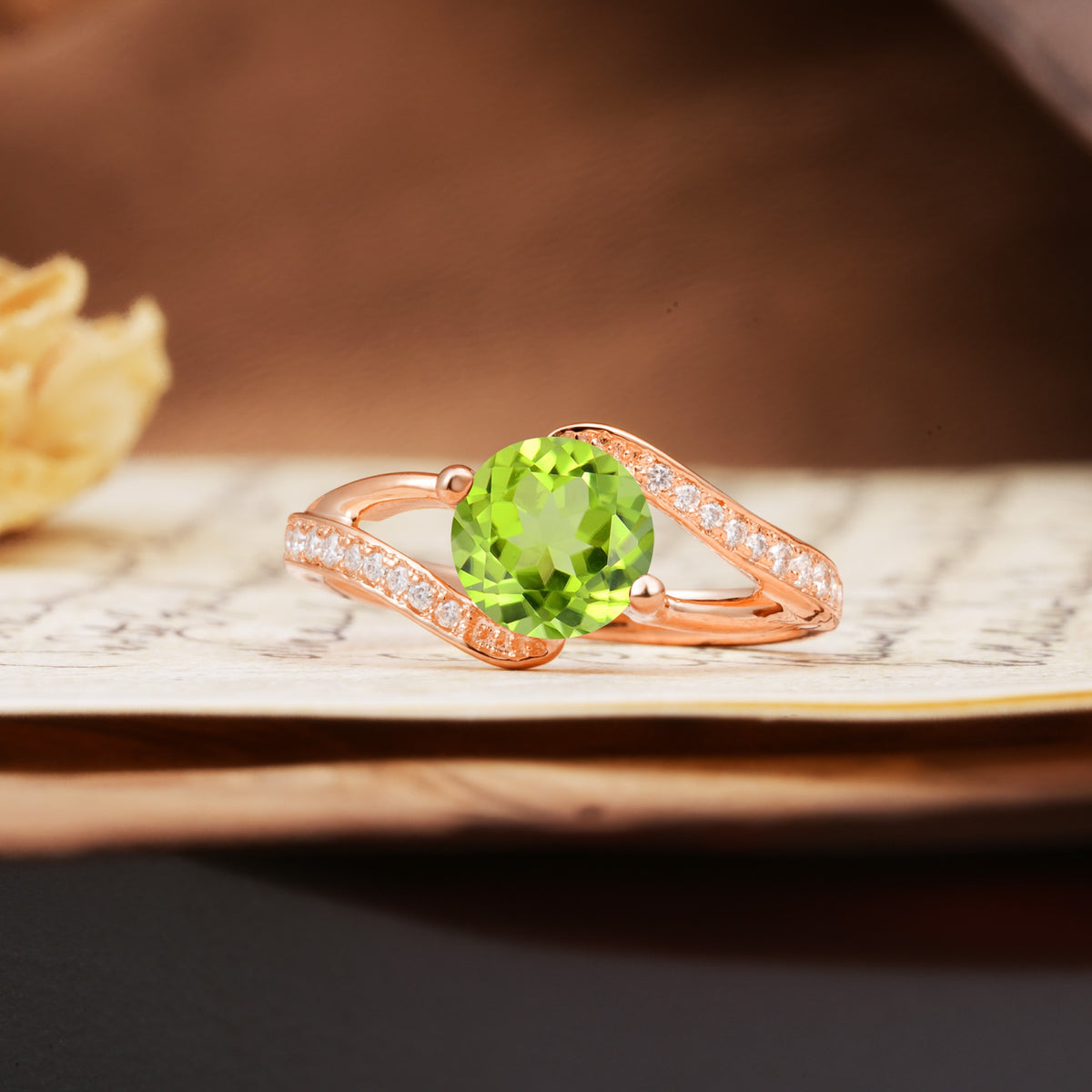 Unique 2 Prong Round Cut Peridot Engagement Ring - Additional view