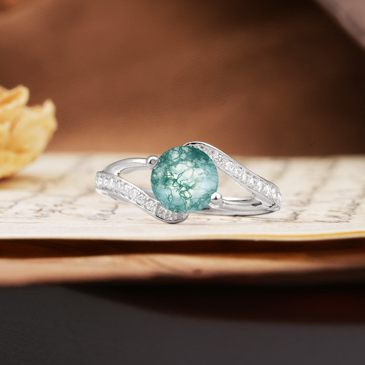 Unique 2 Prong Round Cut Moss Agate Engagement Ring - Additional view