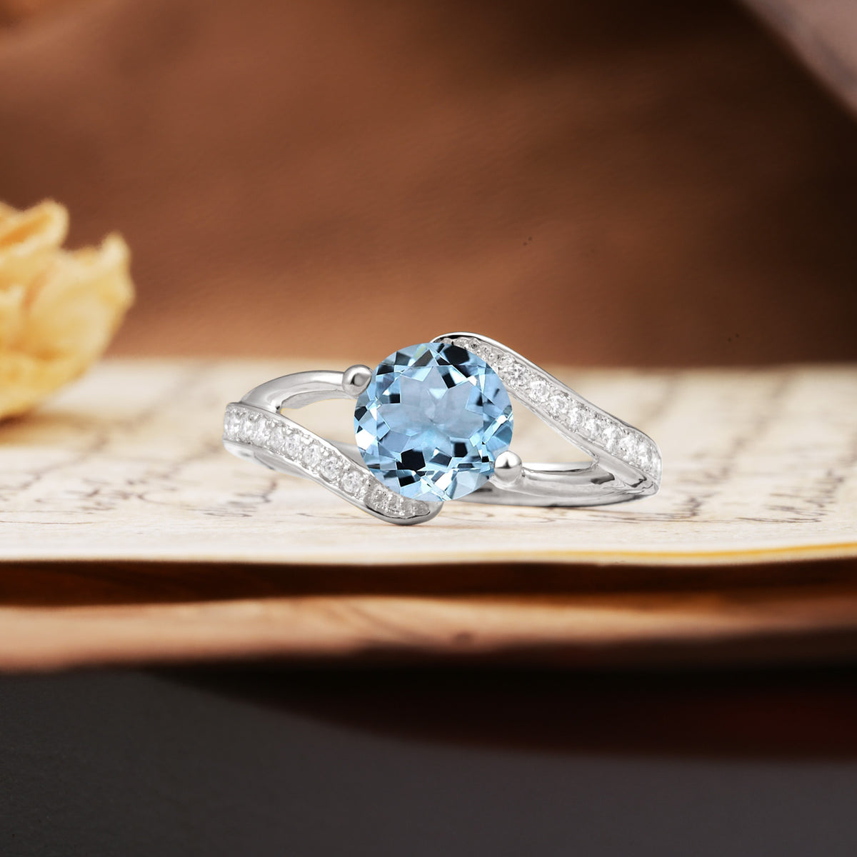 Unique 2 Prong Round Cut Aquamarine Engagement Ring - Additional view