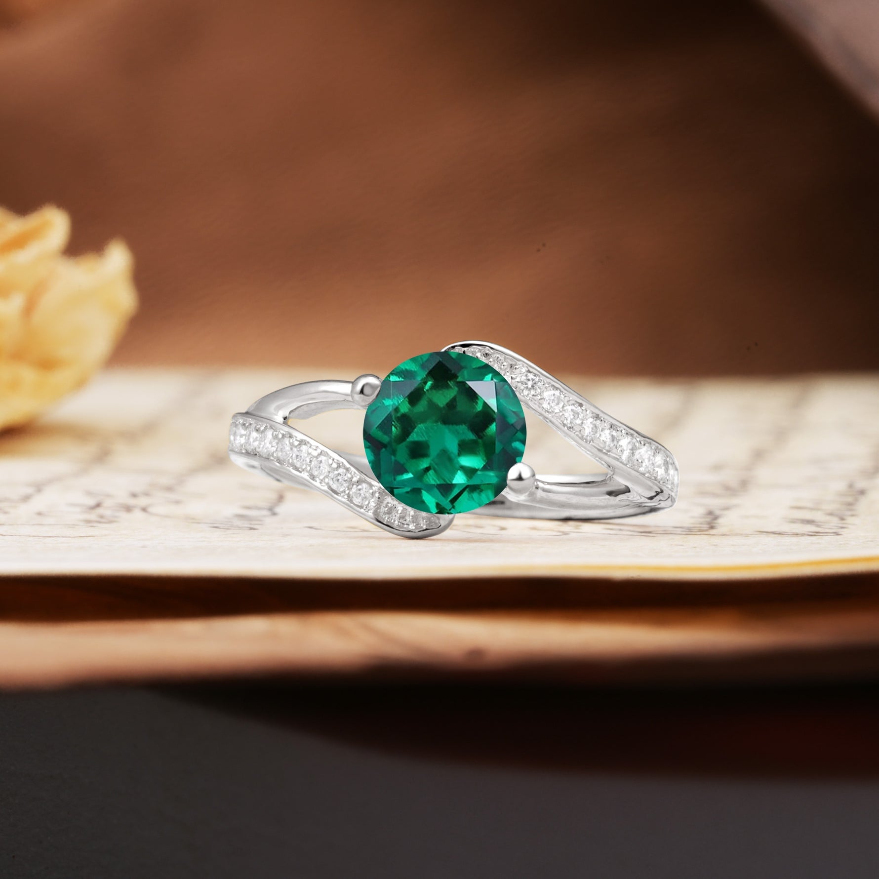 Unique 2 Prong Round Cut Emerald Engagement Ring - Additional view