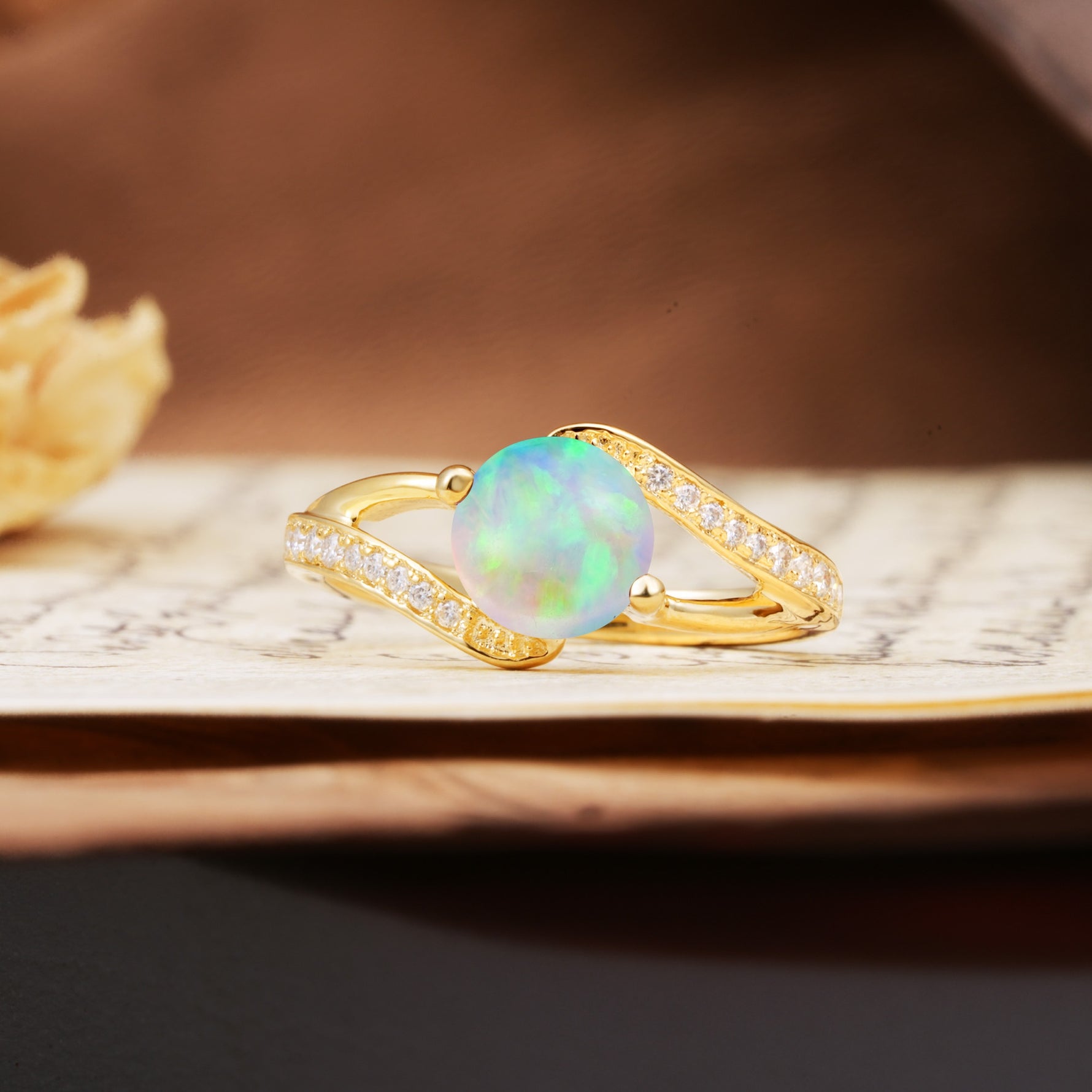 Unique 2 Prong Round Cut Fire Opal Engagement Ring - Additional view