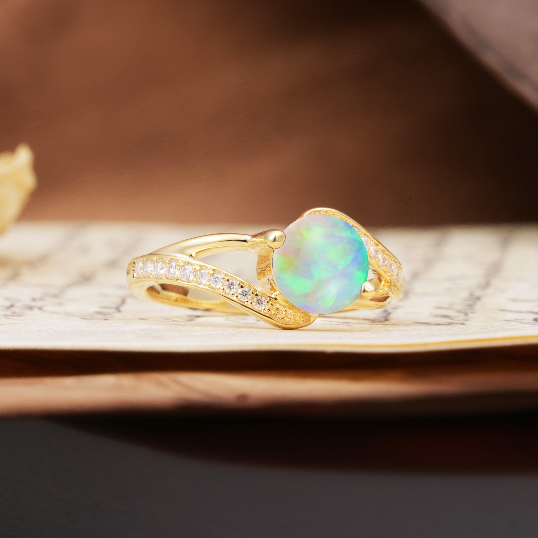 Unique 2 Prong Round Cut Fire Opal Engagement Ring - Additional view