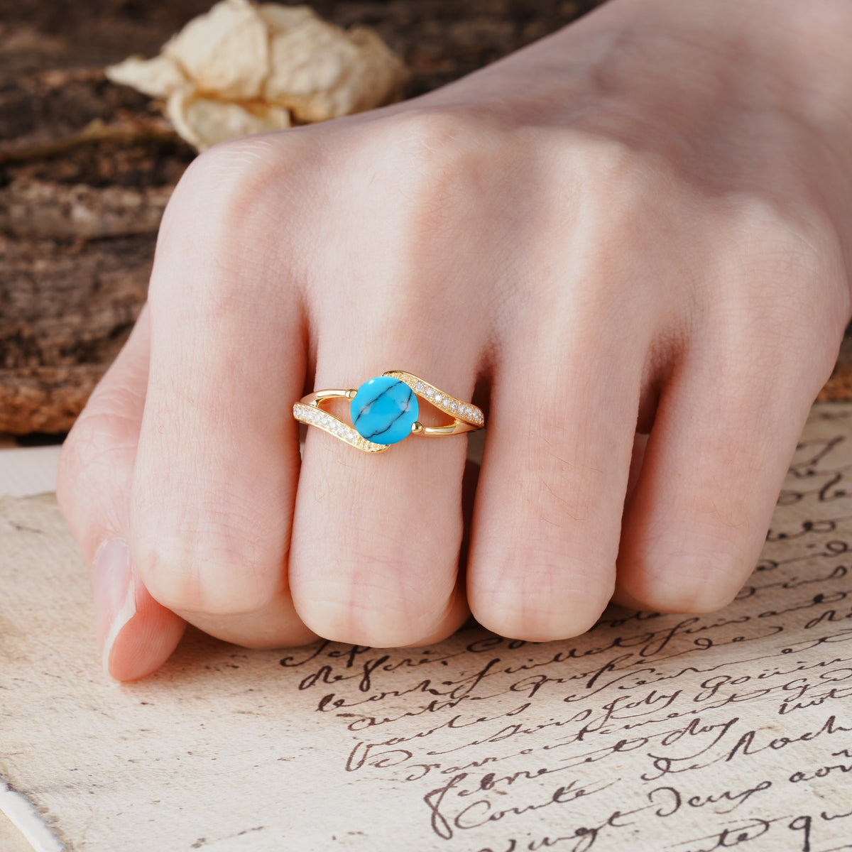 Unique 2 Prong Round Cut Turquoise Engagement Ring - Additional view