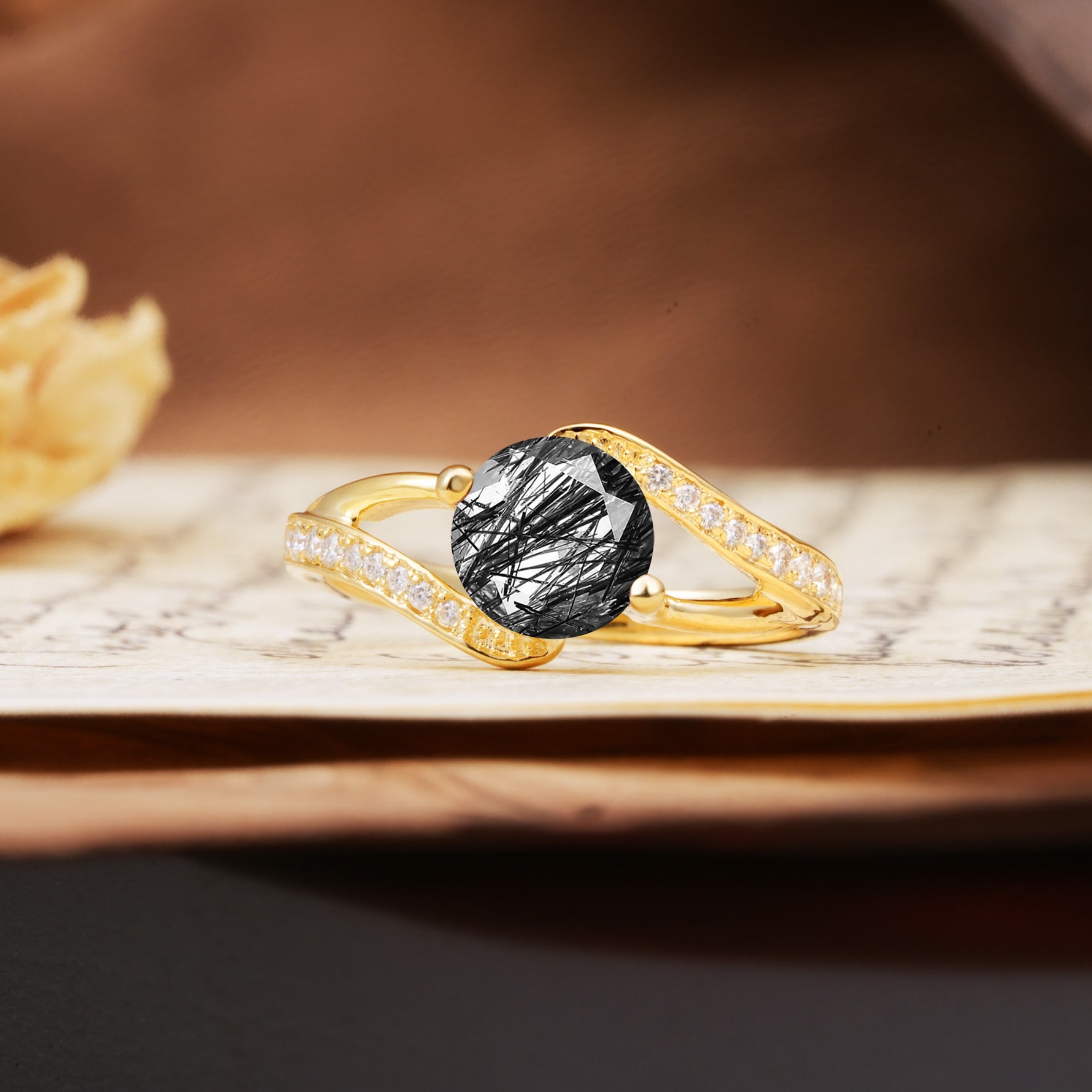 Unique 2 Prong Round Cut Black Rutilated Quartz Engagement Ring - Additional view