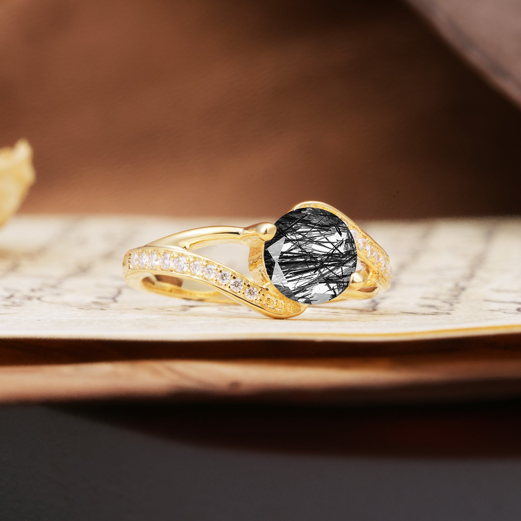 Unique 2 Prong Round Cut Black Rutilated Quartz Engagement Ring - Additional view