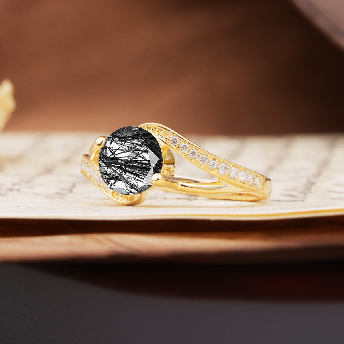 Unique 2 Prong Round Cut Black Rutilated Quartz Engagement Ring - Additional view