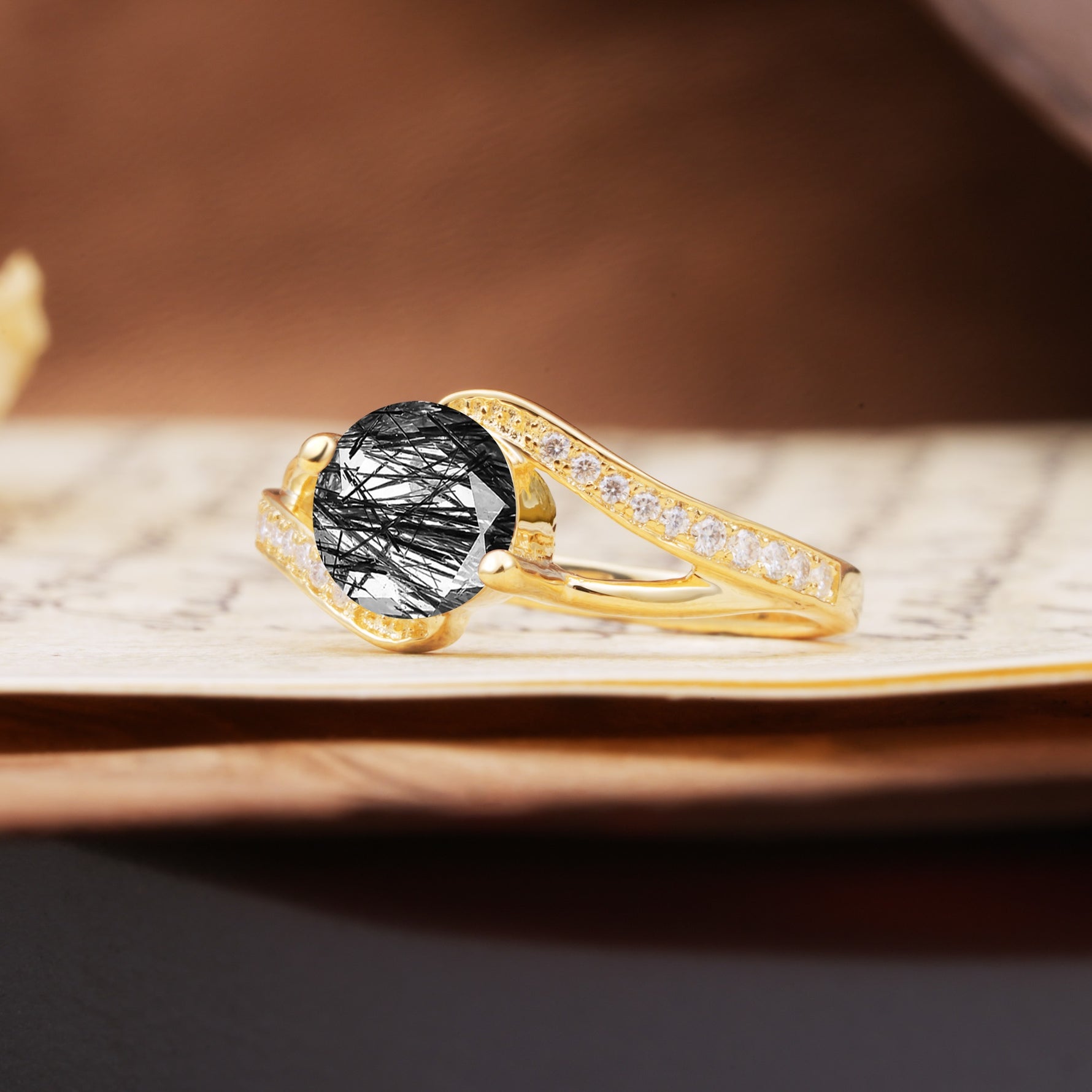 Unique 2 Prong Round Cut Black Rutilated Quartz Engagement Ring - Additional view