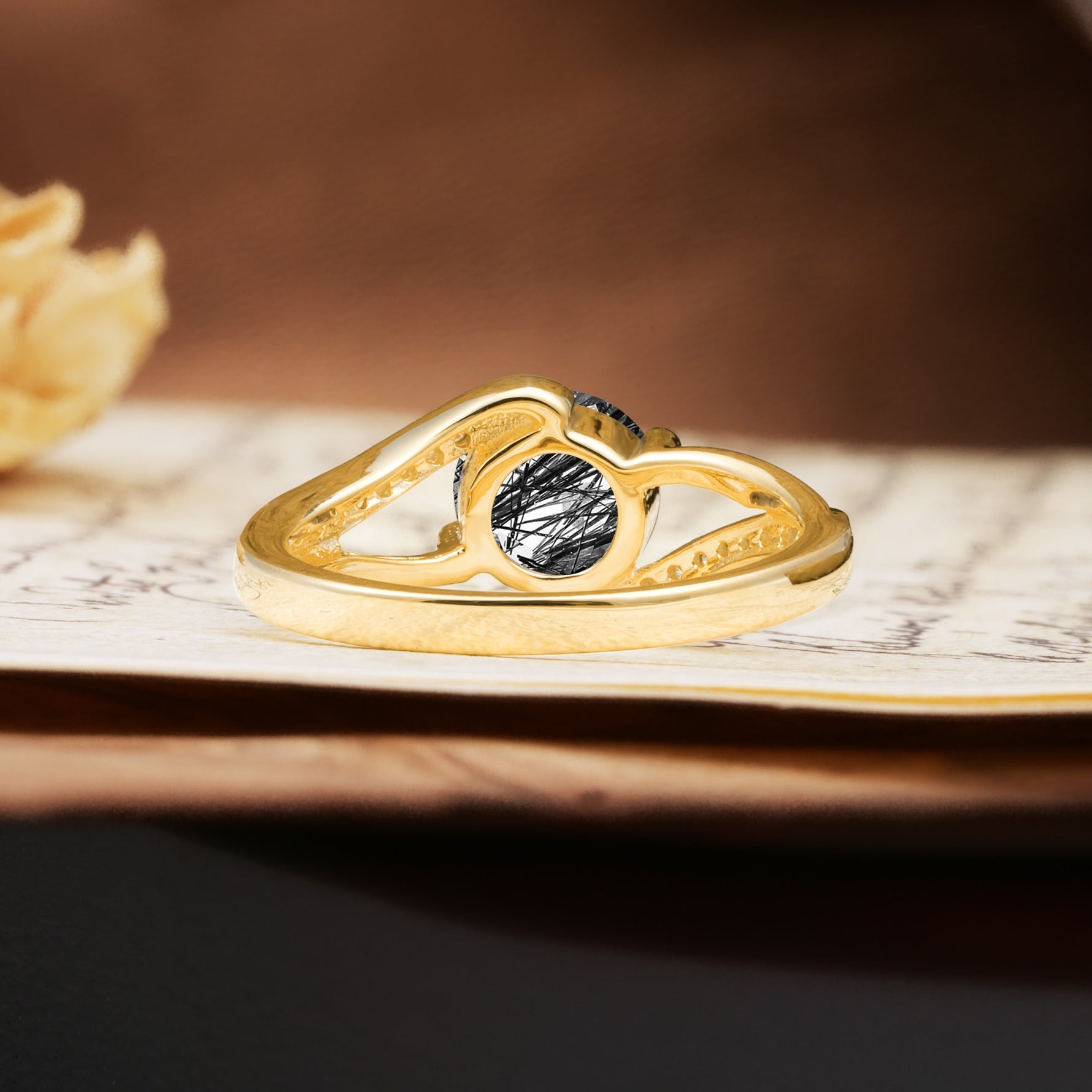 Unique 2 Prong Round Cut Black Rutilated Quartz Engagement Ring - Additional view