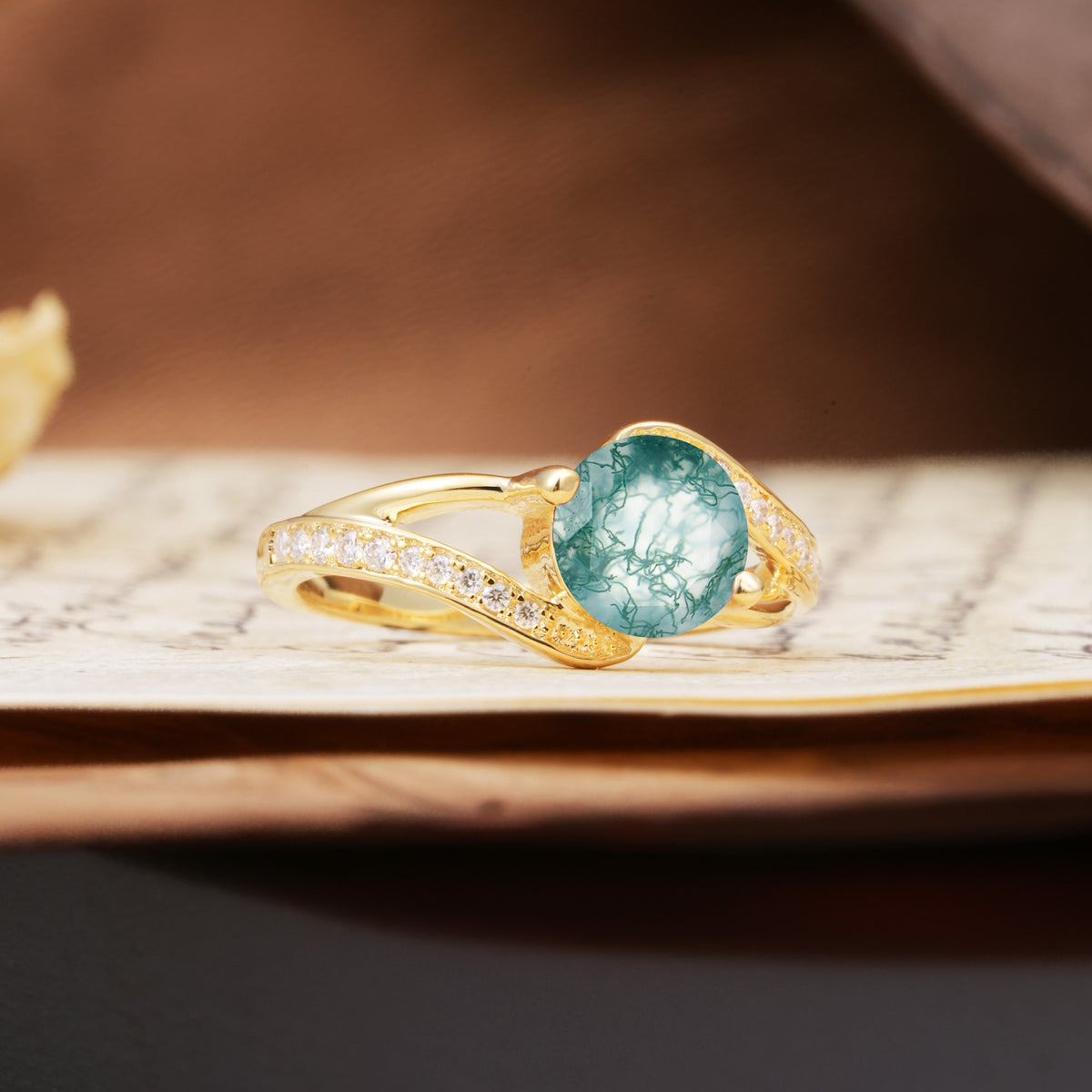 Unique 2 Prong Round Cut Moss Agate Engagement Ring - Additional view