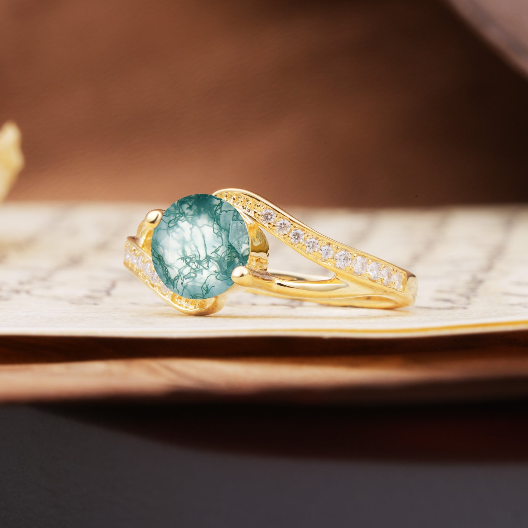 Unique 2 Prong Round Cut Moss Agate Engagement Ring - Additional view