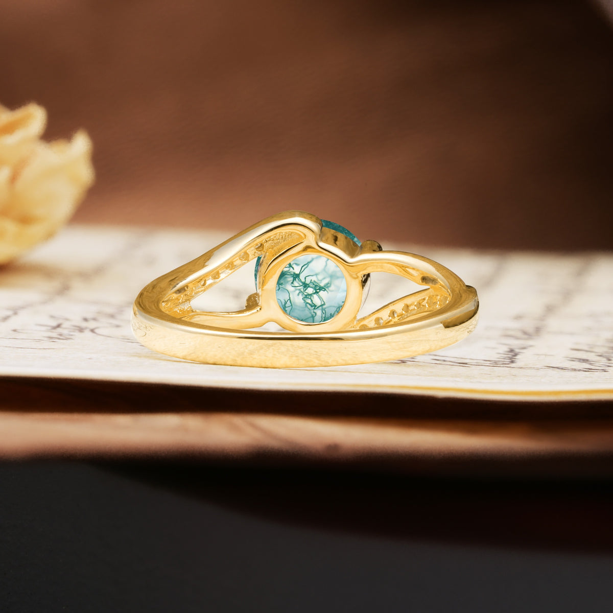 Unique 2 Prong Round Cut Moss Agate Engagement Ring - Additional view