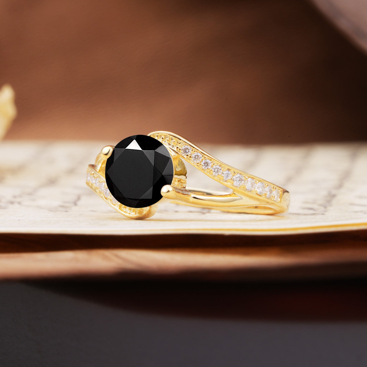 Unique 2 Prong Round Cut Black Onyx Engagement Ring - Additional view