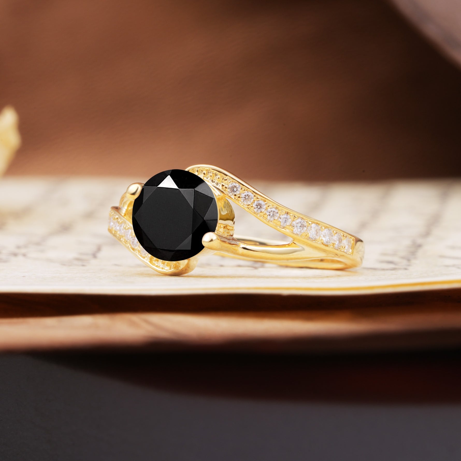 Unique 2 Prong Round Cut Black Onyx Engagement Ring - Additional view