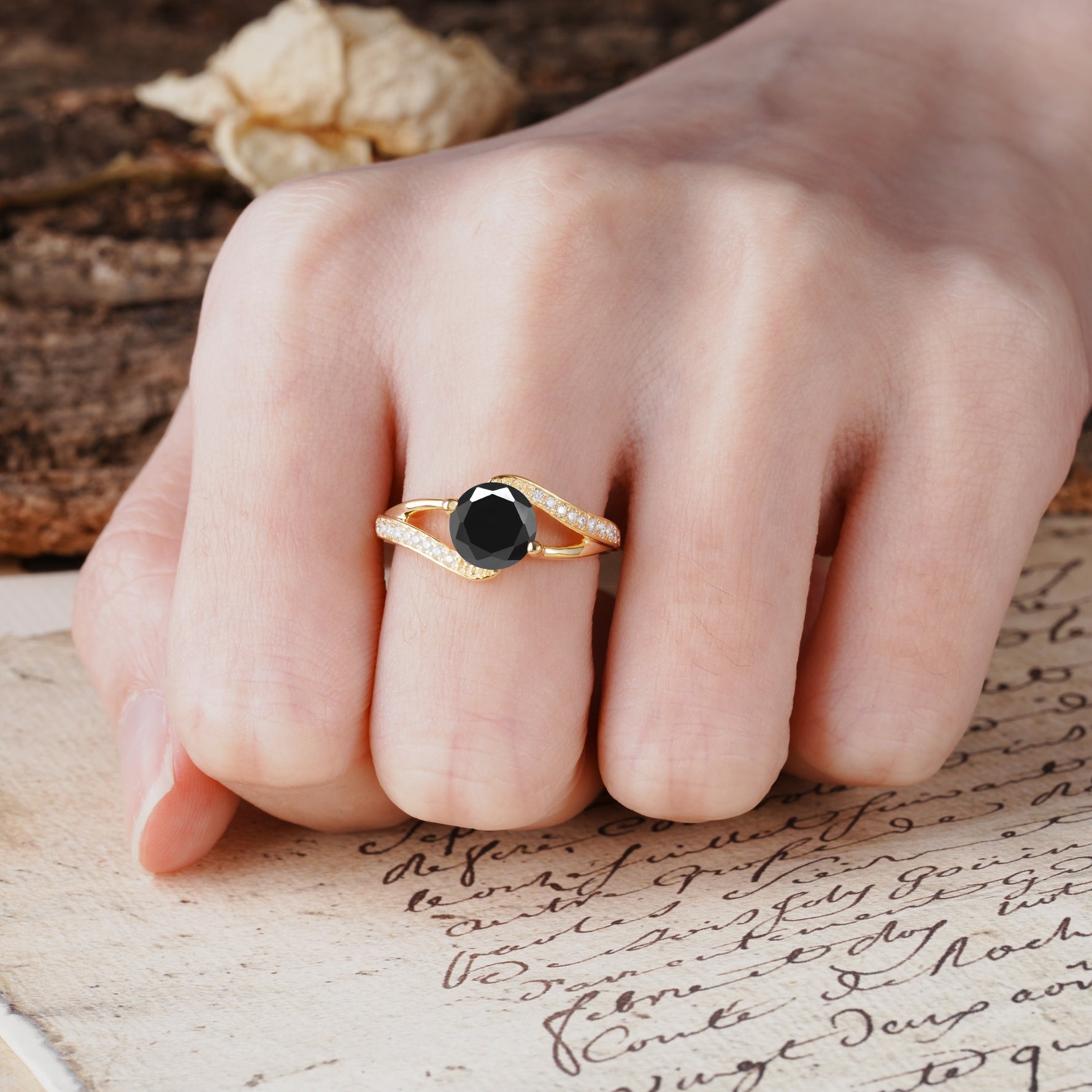 Unique 2 Prong Round Cut Black Onyx Engagement Ring - Additional view