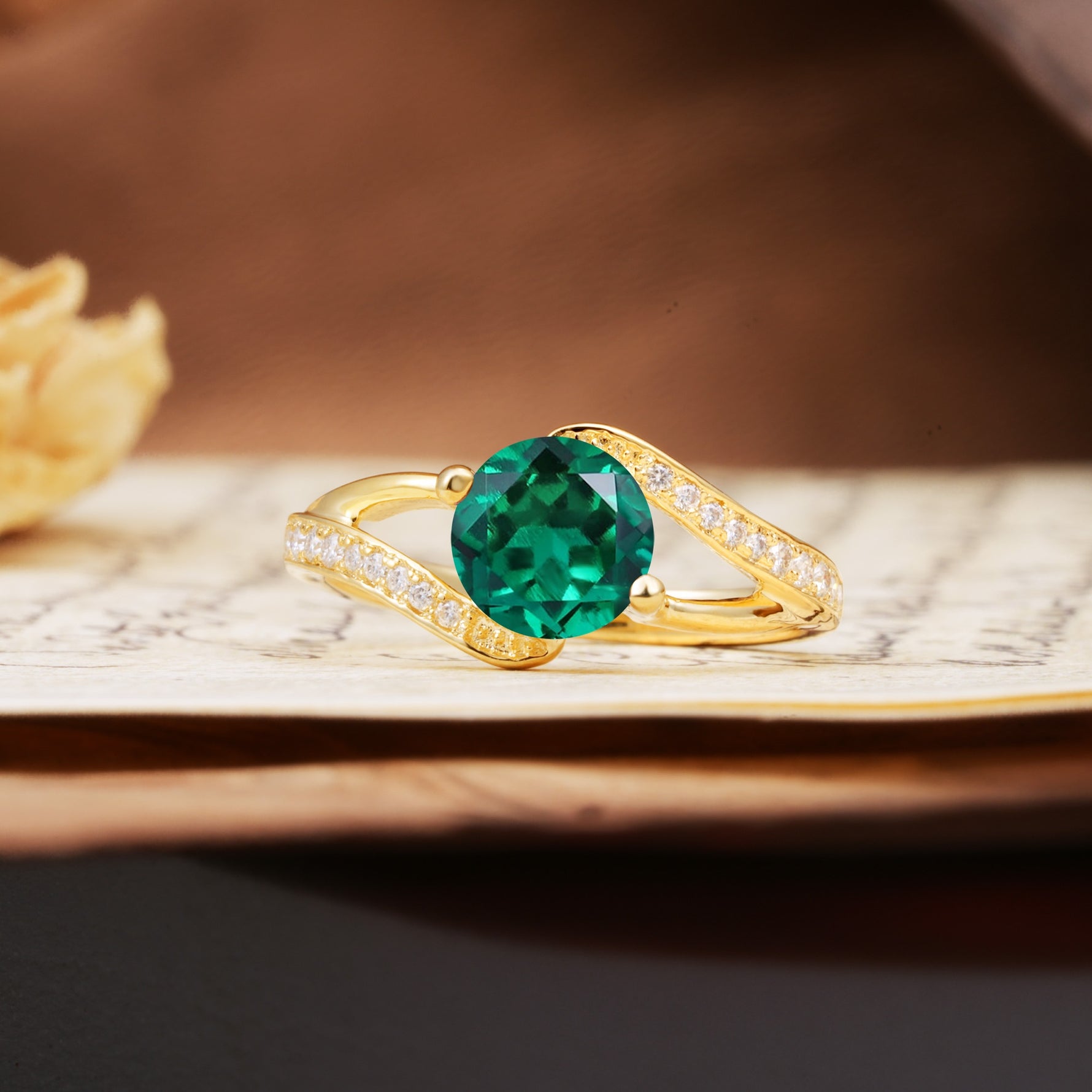 Unique 2 Prong Round Cut Emerald Engagement Ring - Additional view