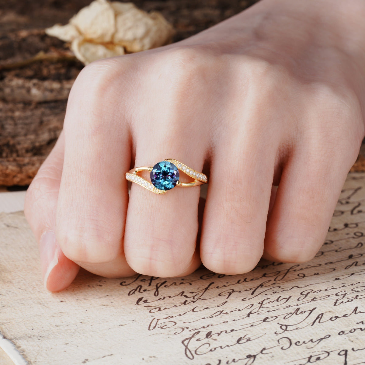 Unique 2 Prong Round Cut Alexandrite Engagement Ring - Additional view