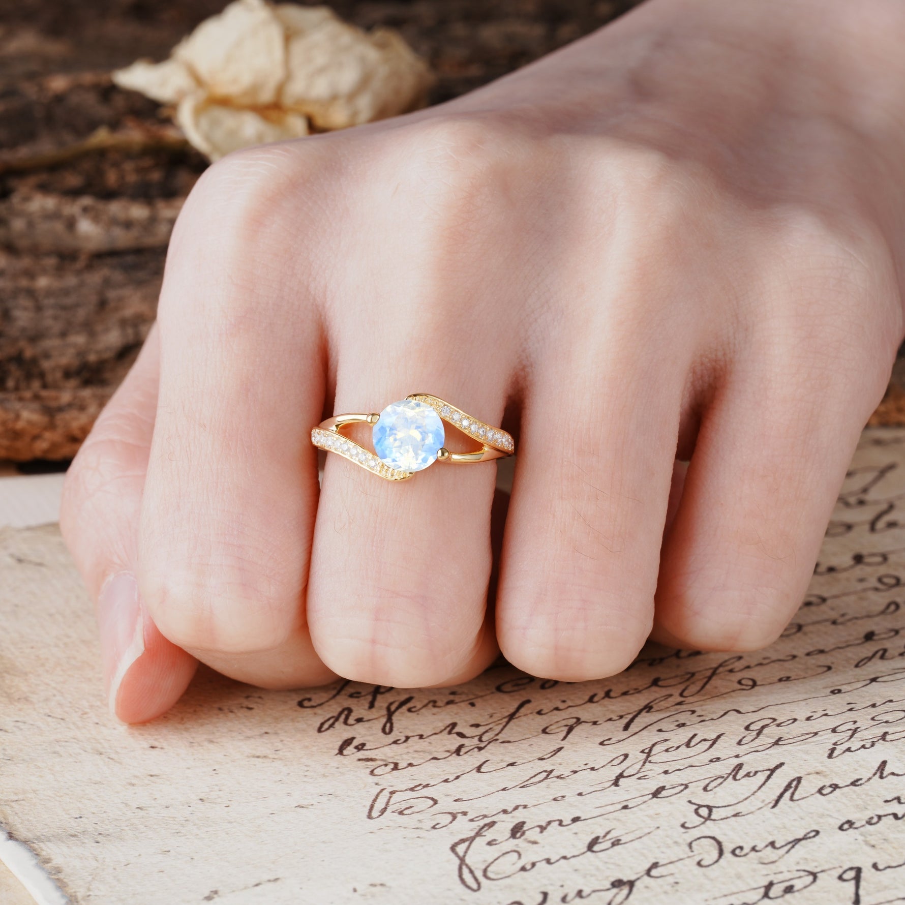 Unique 2 Prong Round Cut Moonstone Engagement Ring - Additional view