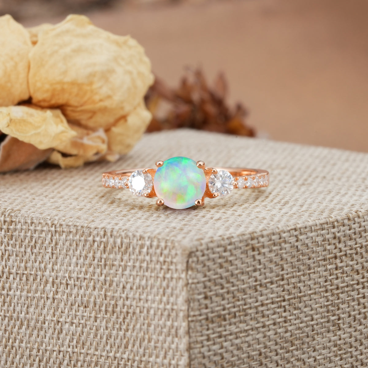 Classic 4 Prong Round Cut Fire Opal Engagement Ring - Additional view
