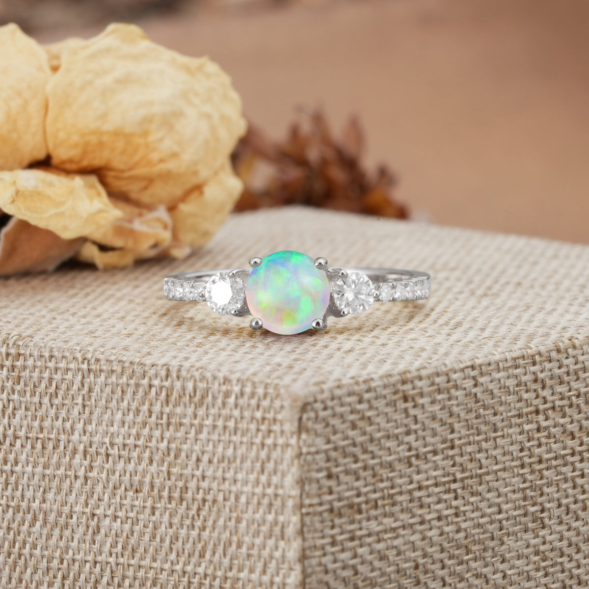 Classic 4 Prong Round Cut Fire Opal Engagement Ring - Additional view