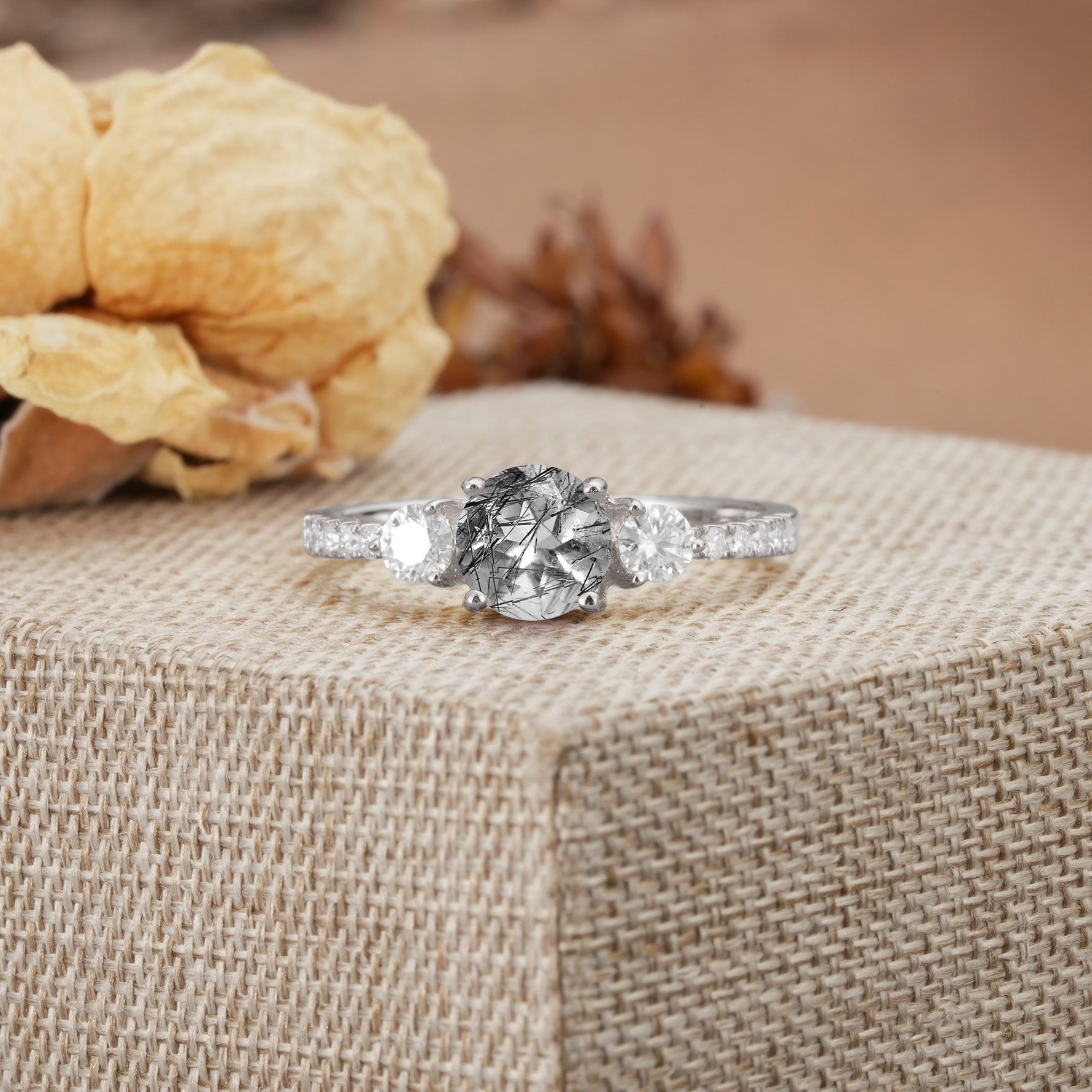 Classic 4 Prong Round Cut Black Rutilated Quartz Engagement Ring - Additional view
