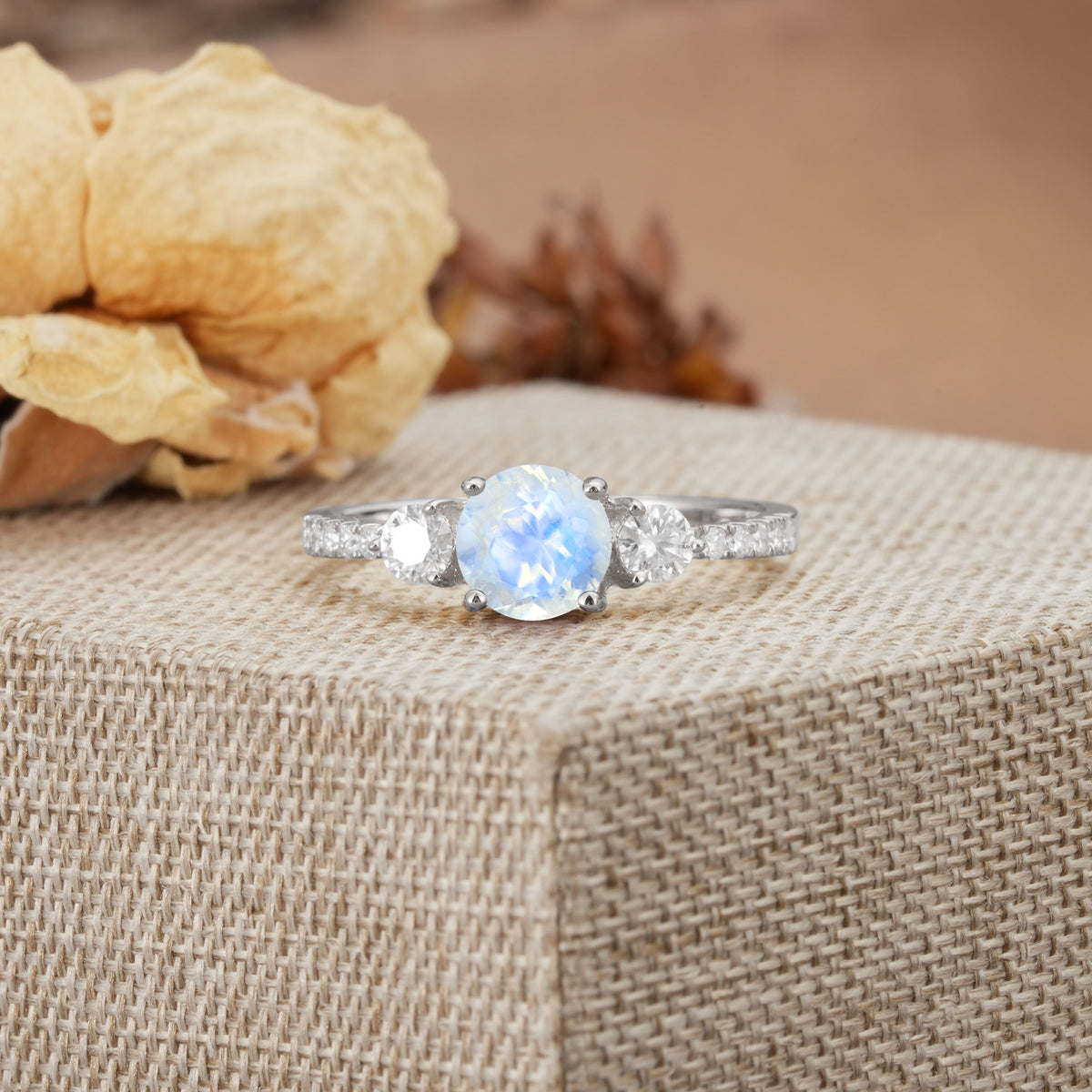 Classic 4 Prong Round Cut Moonstone Engagement Ring - Additional view