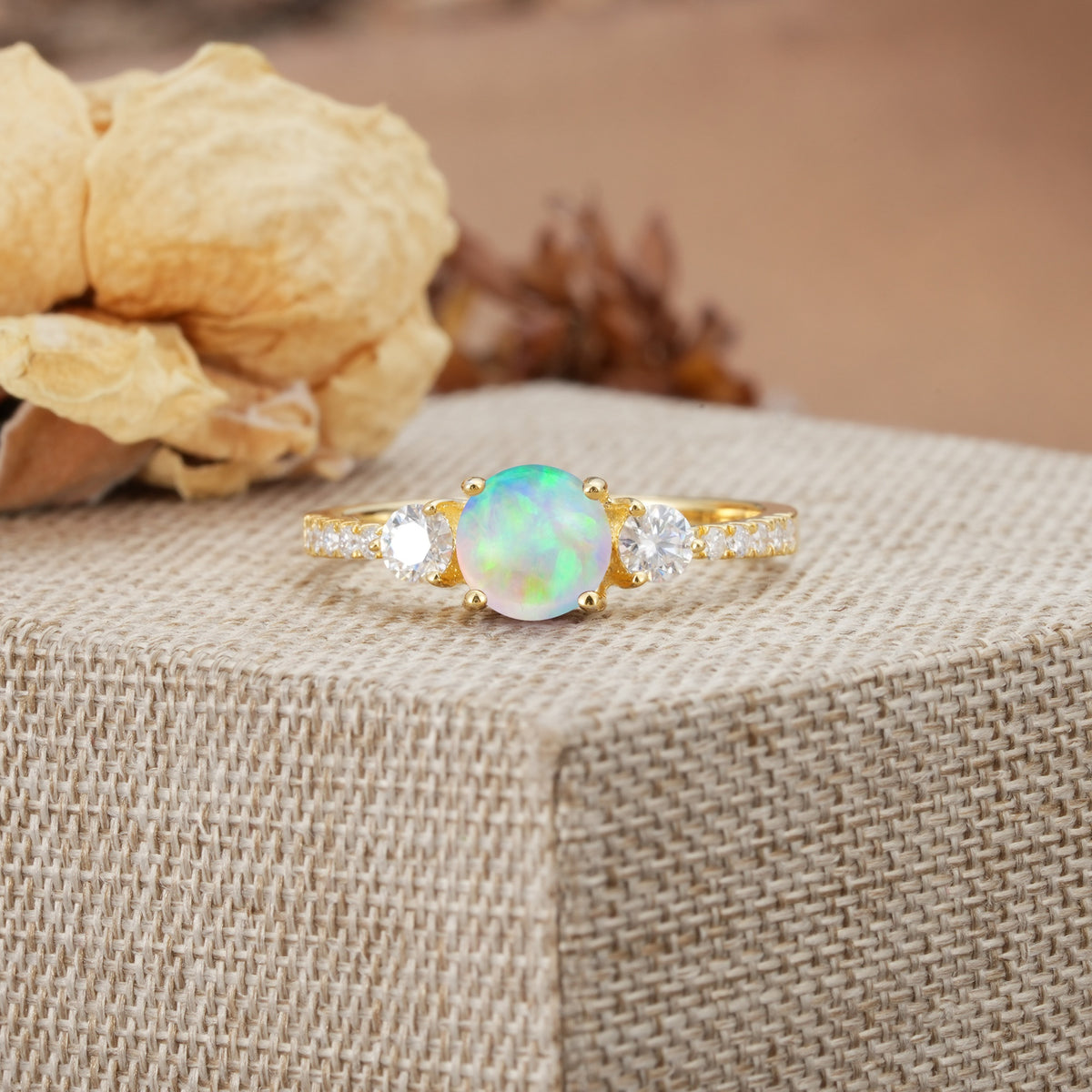 Classic 4 Prong Round Cut Fire Opal Engagement Ring - Additional view