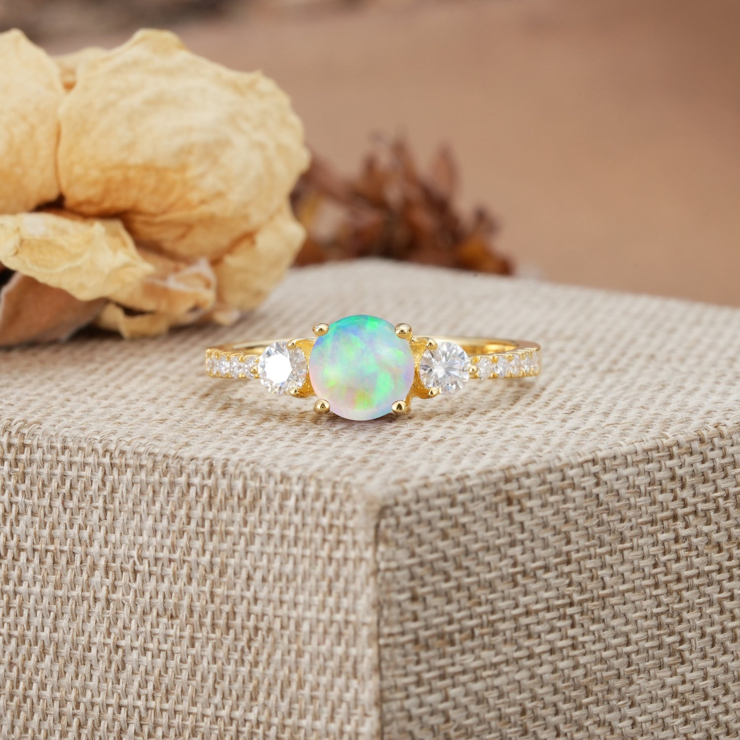 Classic 4 Prong Round Cut Fire Opal Engagement Ring - Additional view