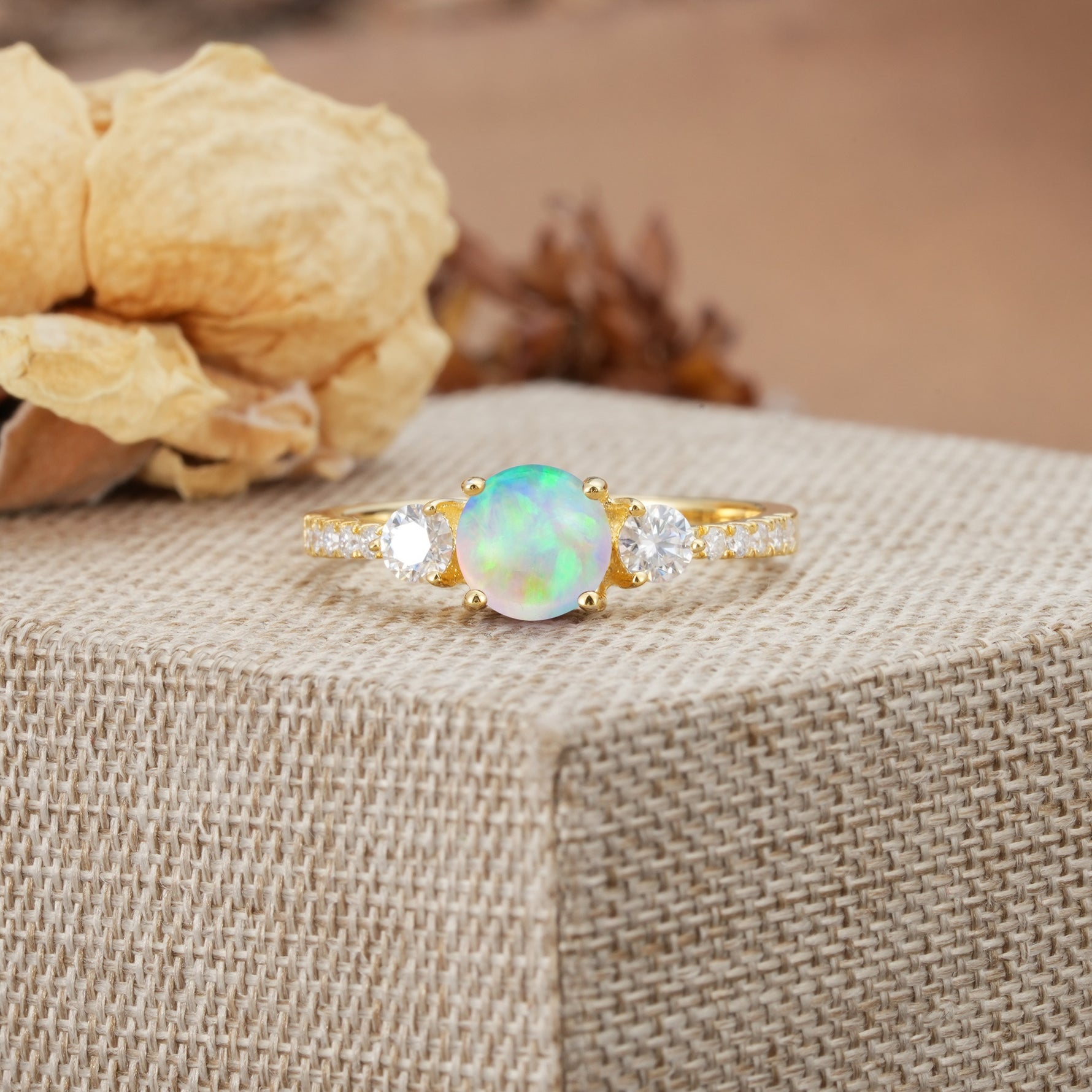 Classic 4 Prong Round Cut Fire Opal Engagement Ring - Additional view