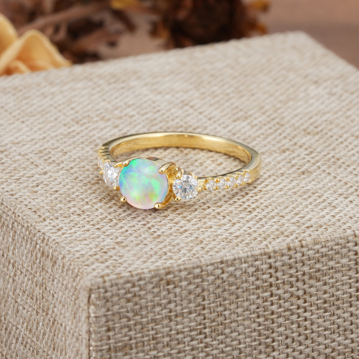 Classic 4 Prong Round Cut Fire Opal Engagement Ring - Additional view