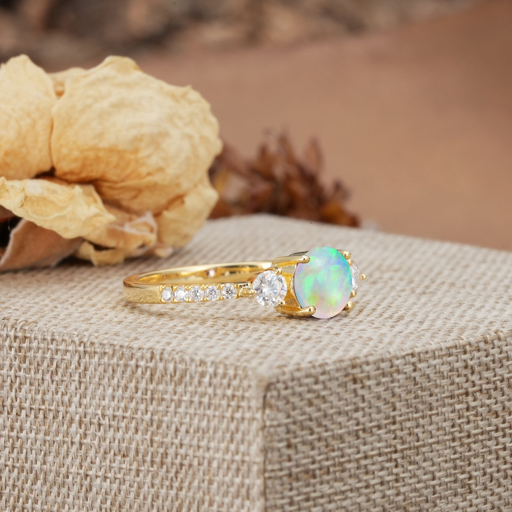 Classic 4 Prong Round Cut Fire Opal Engagement Ring - Additional view