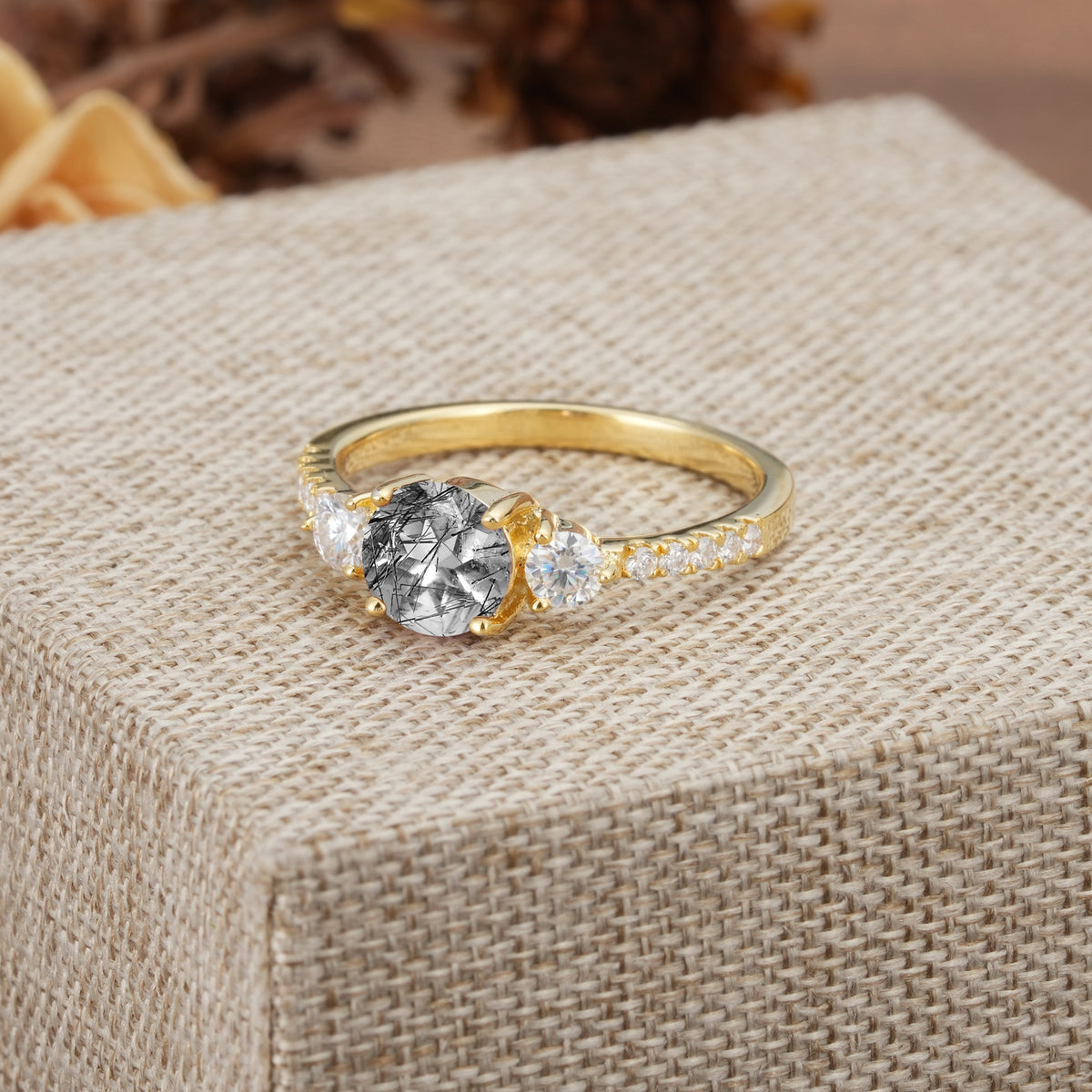Classic 4 Prong Round Cut Black Rutilated Quartz Engagement Ring - Additional view