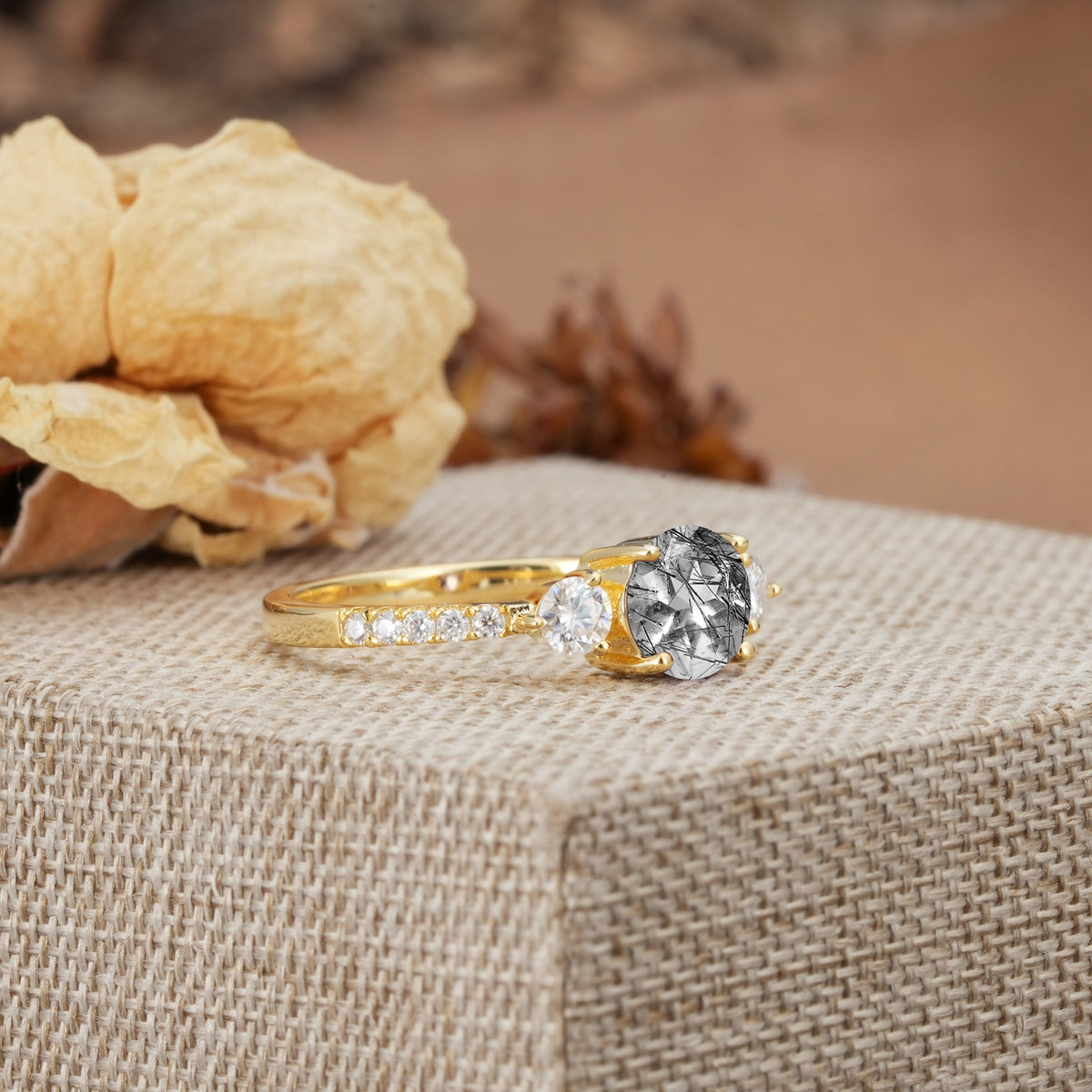 Classic 4 Prong Round Cut Black Rutilated Quartz Engagement Ring - Additional view