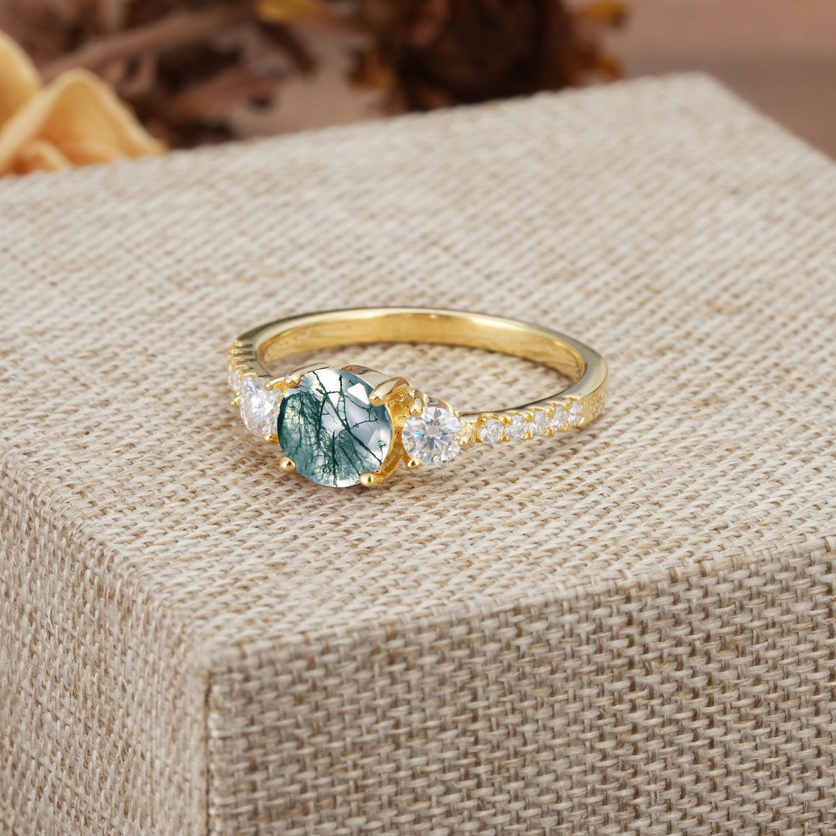 Classic 4 Prong Round Cut Moss Agate Engagement Ring - Additional view