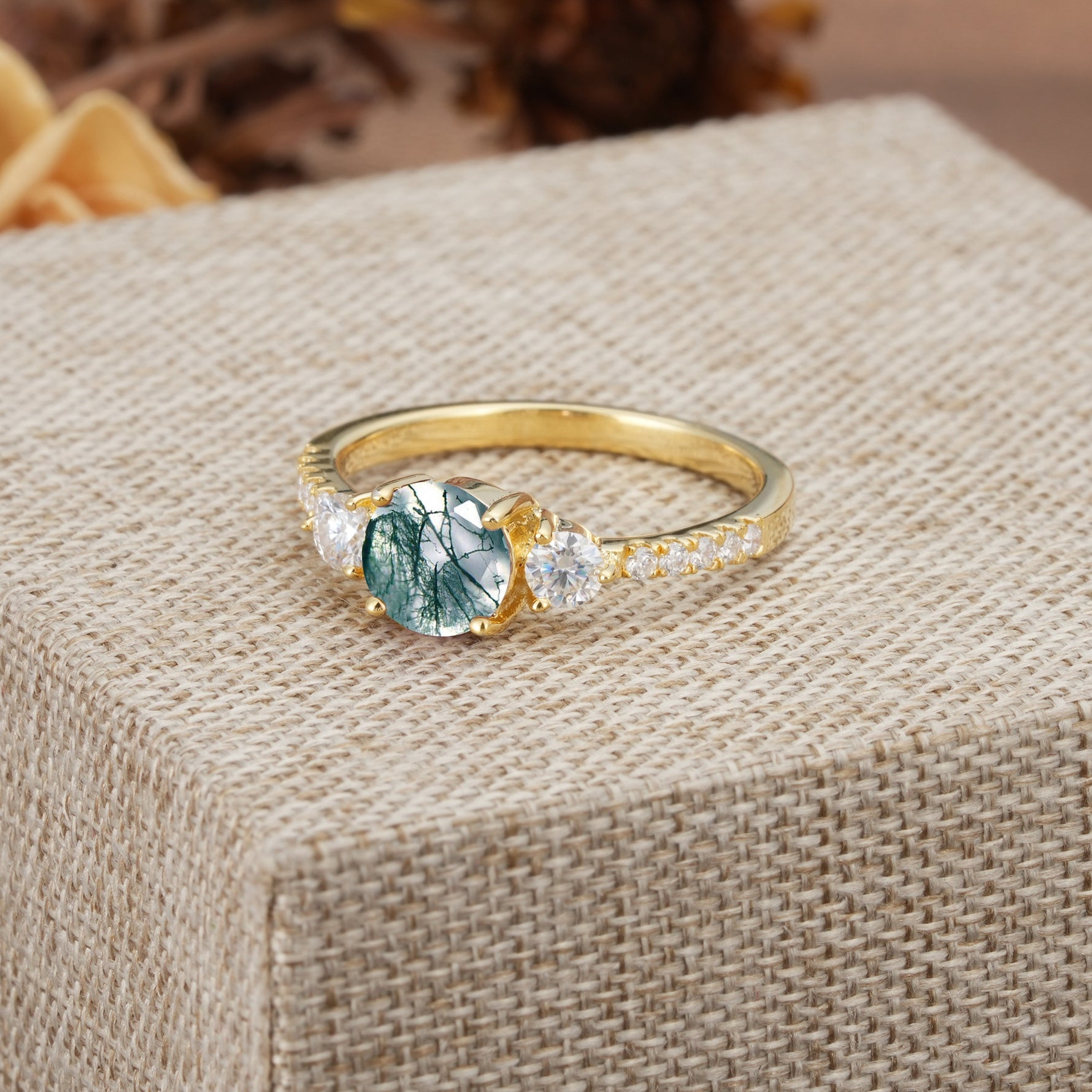 Classic 4 Prong Round Cut Moss Agate Engagement Ring - Additional view