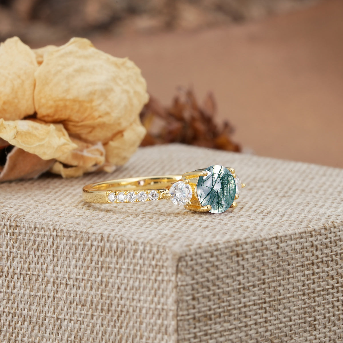 Classic 4 Prong Round Cut Moss Agate Engagement Ring - Additional view