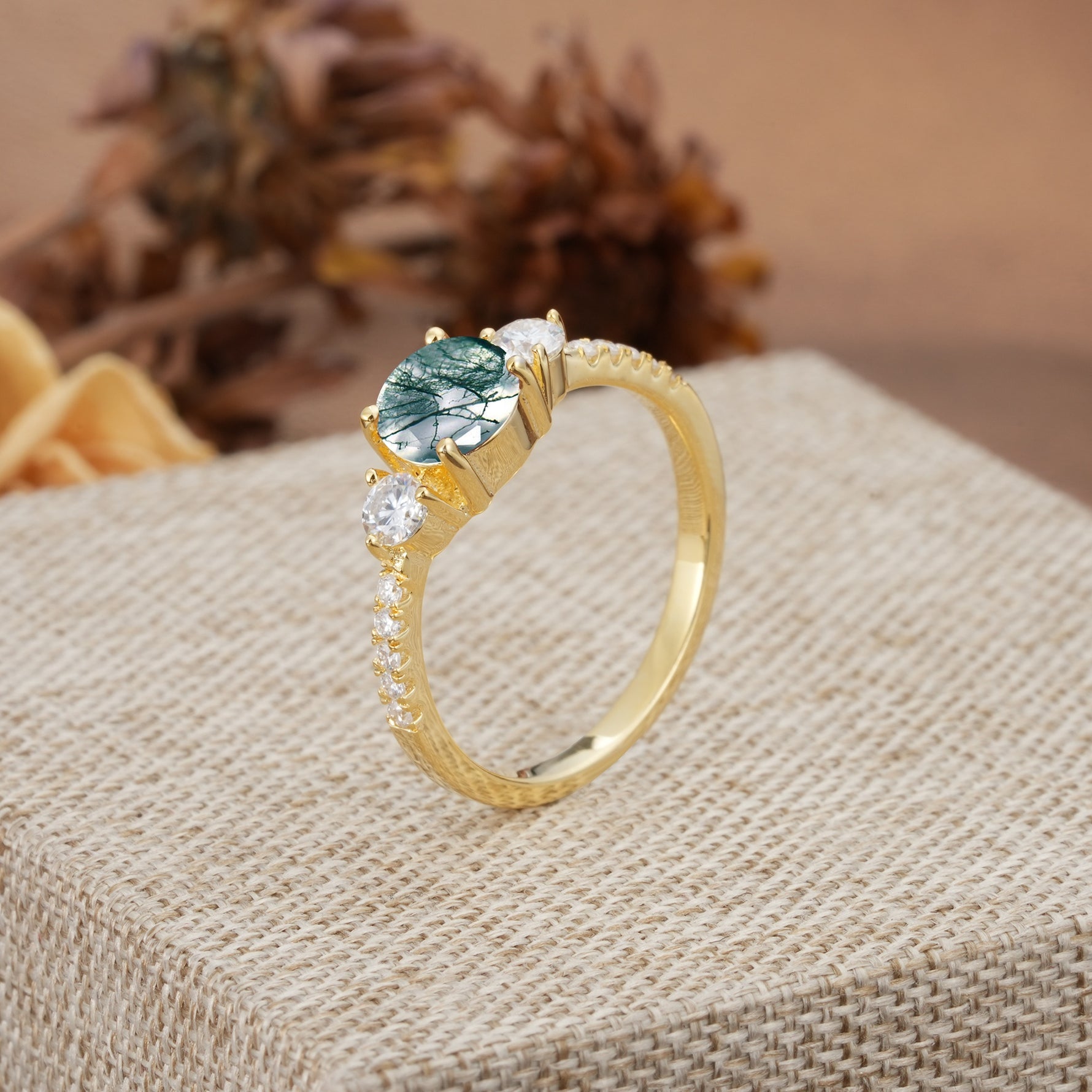 Classic 4 Prong Round Cut Moss Agate Engagement Ring - Additional view