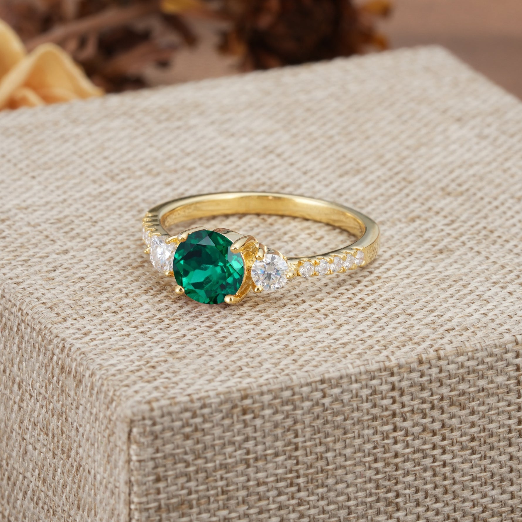 Classic 4 Prong Round Cut Emerald Engagement Ring - Additional view